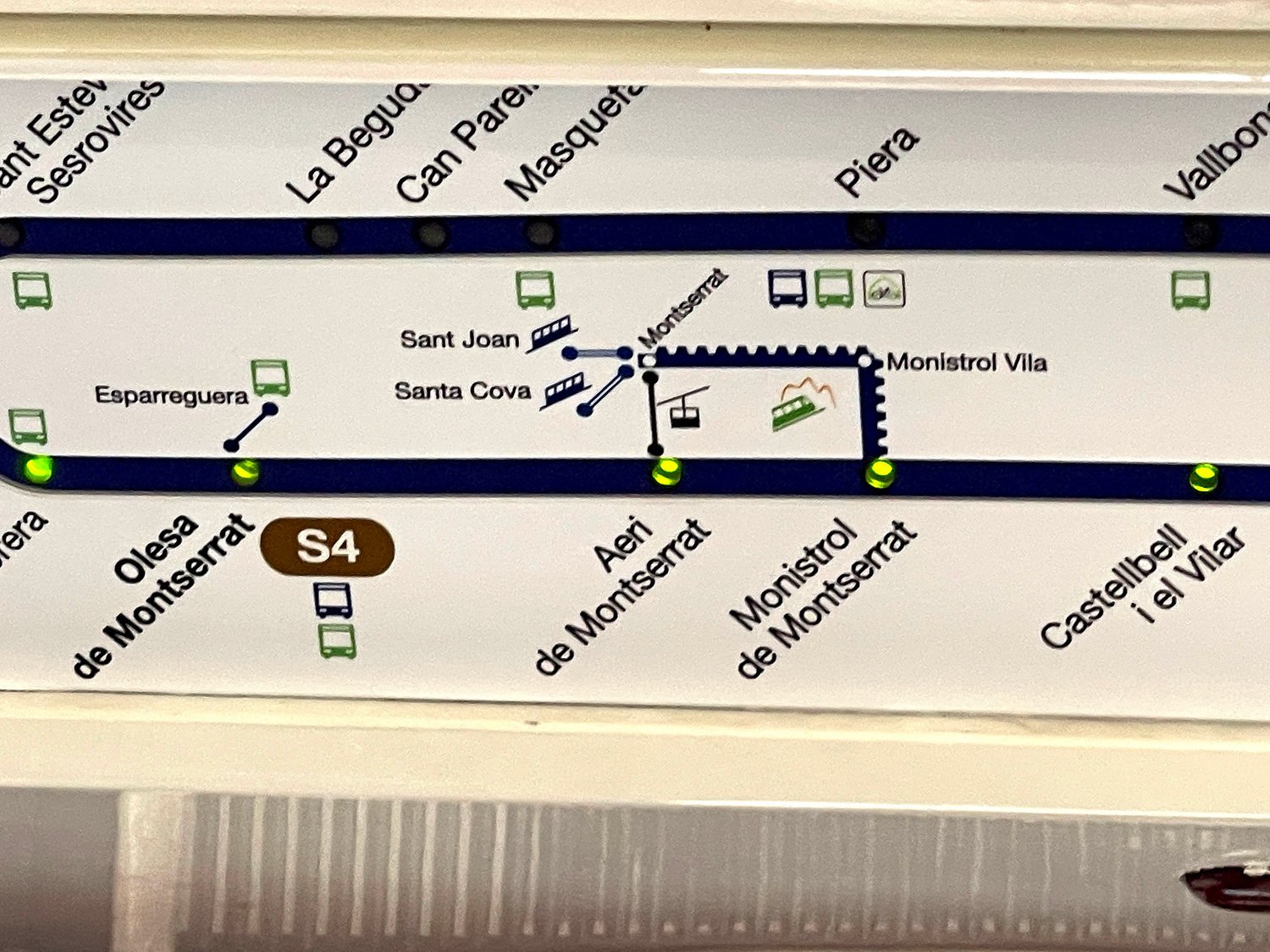 A map on a train showing the route to Montserrat