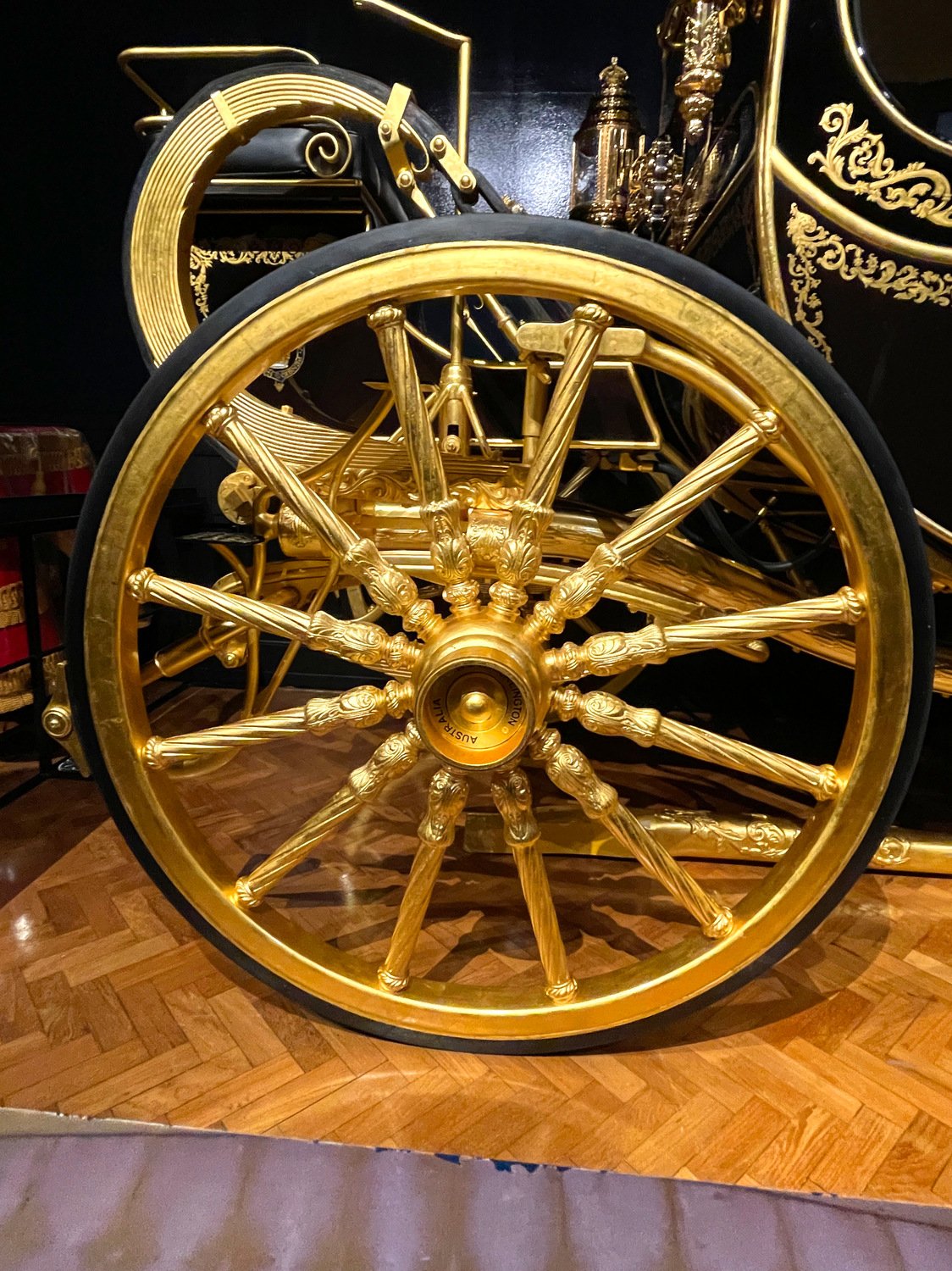 Diamond Jubilee coach wheel at Royal Mews.JPG