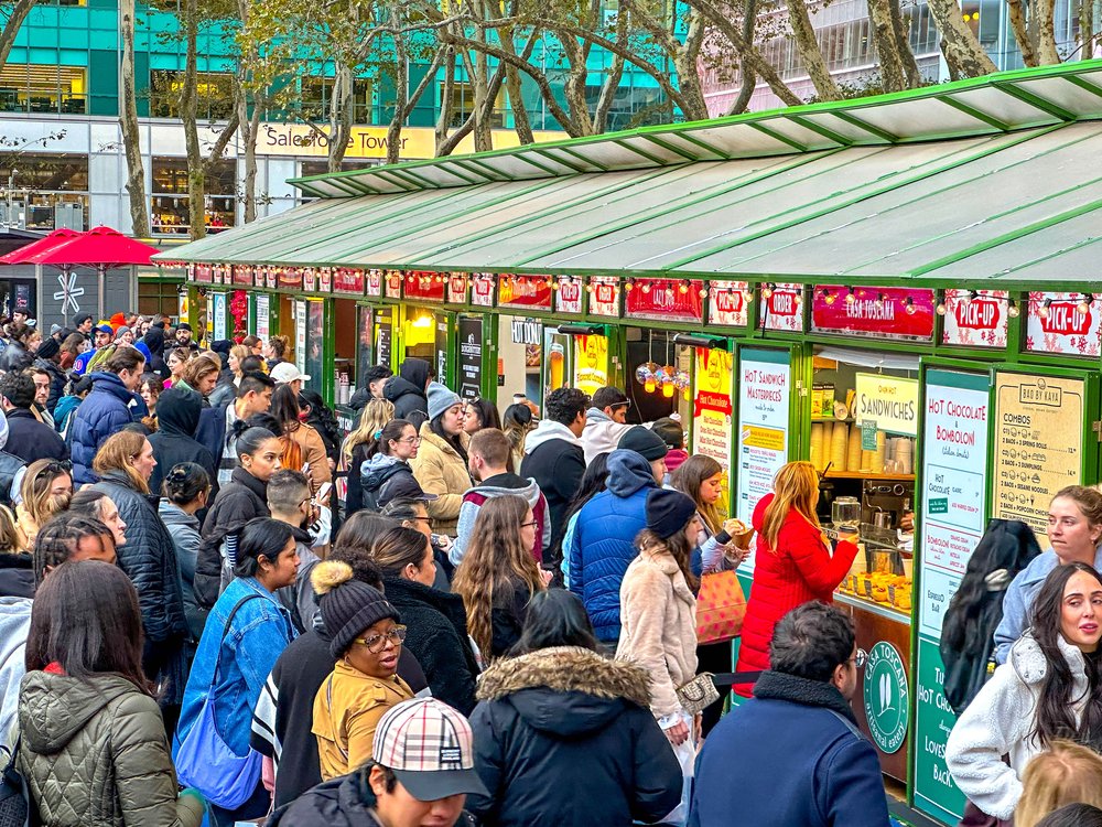 Busy food stalls at Bryant Park.