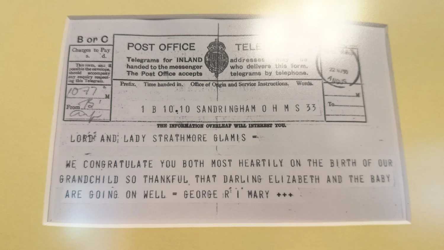 Congratulatory telegram from the King George V &amp; Queen Mary