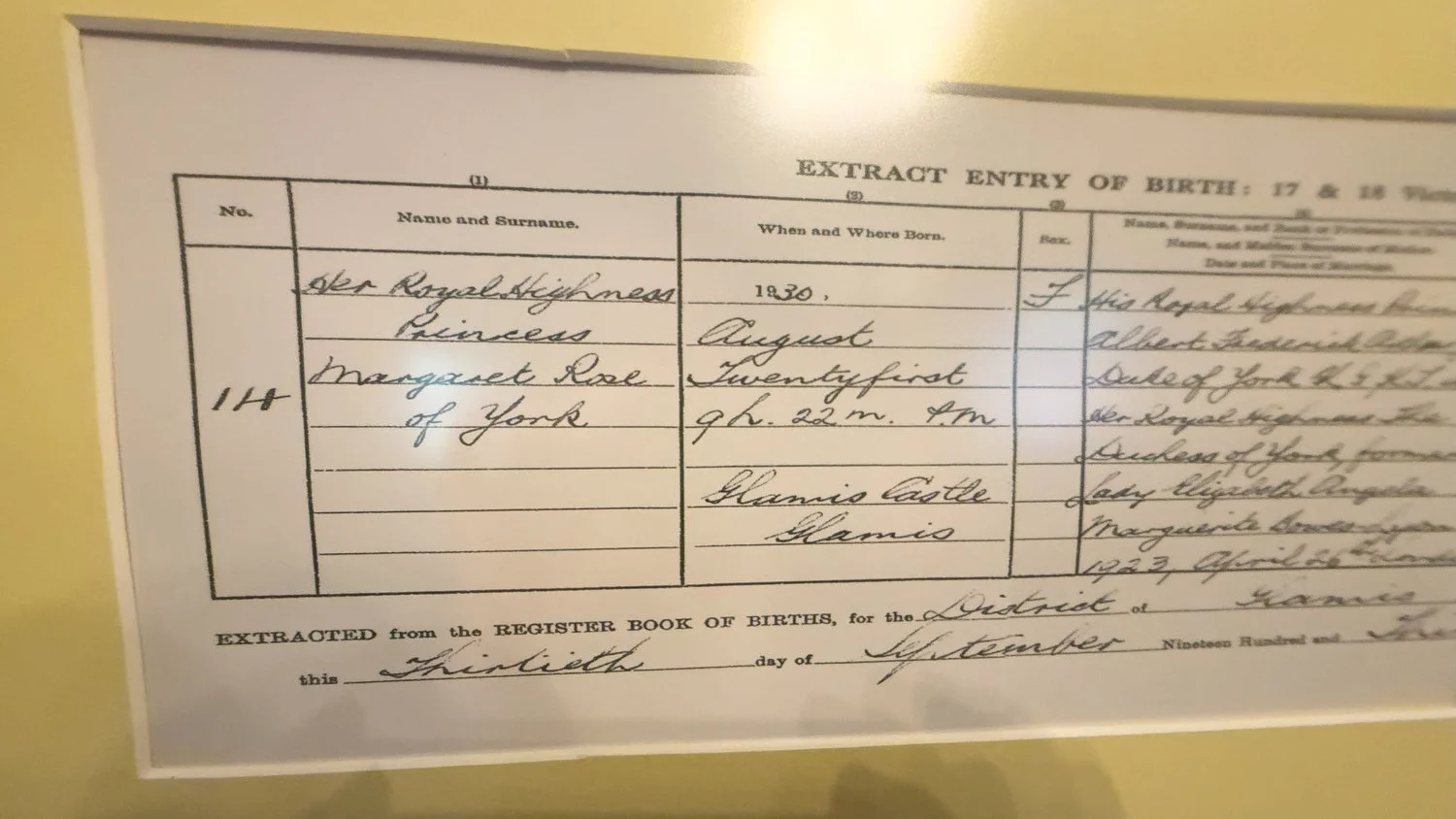 Princess Margaret's birth registration on display at Glamis