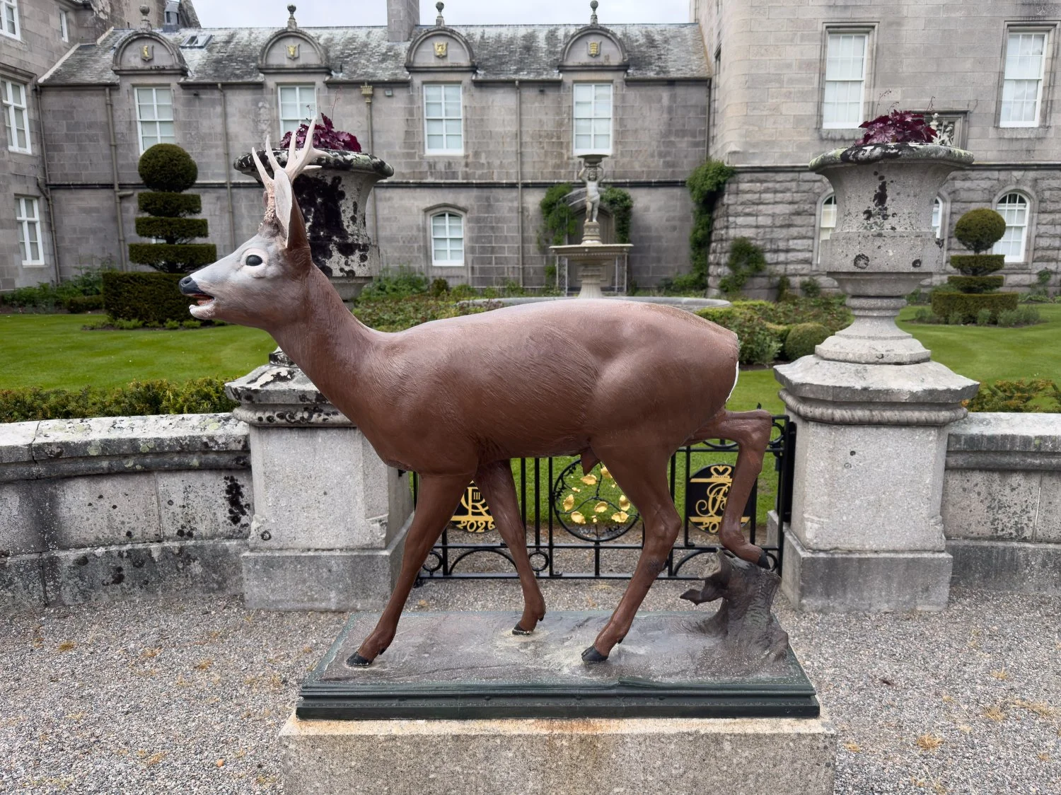The bronze roebuck in front of Balmoral Castle today