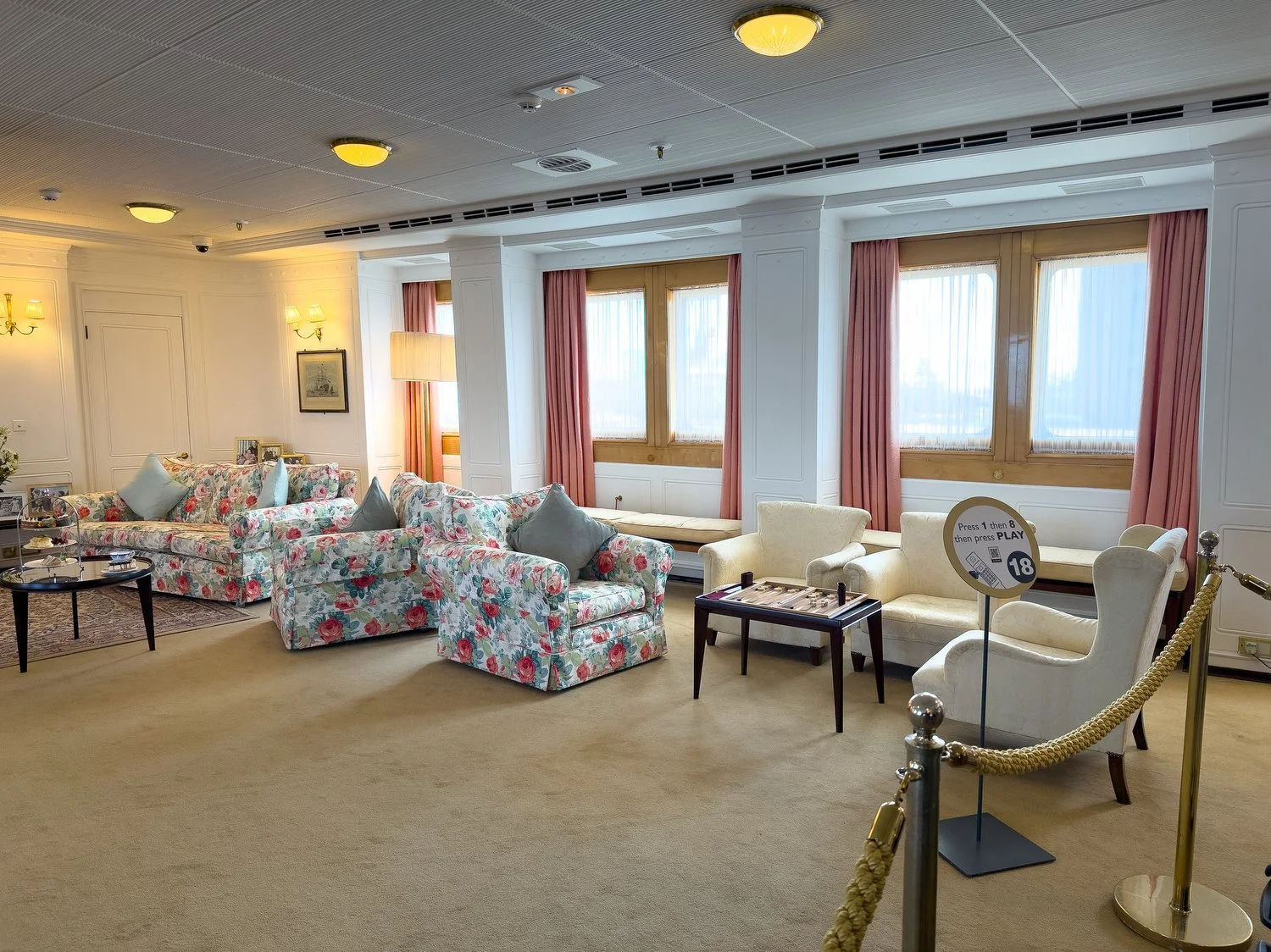 The right side of the enormous State Drawing Room aboard HMY Britannia