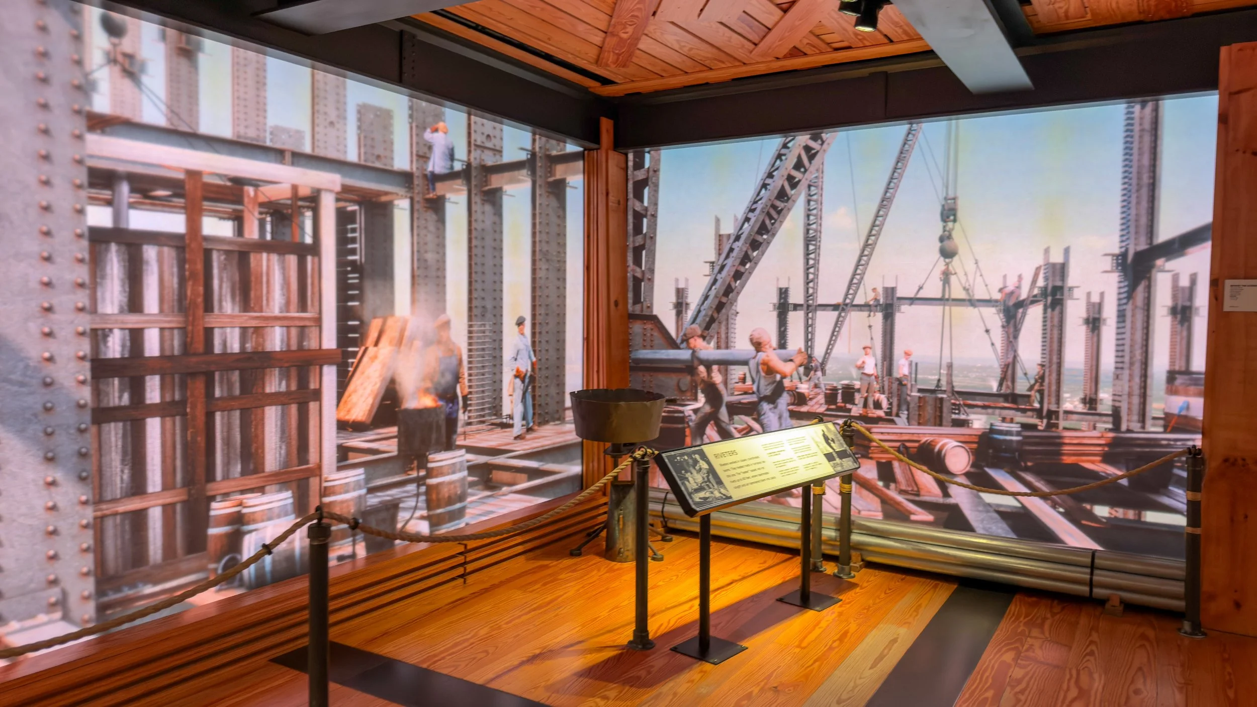 Multimedia displays of the building's construction.