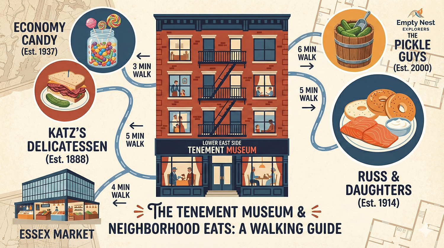 Custom illustrated map of the Lower East Side, showing the 5-minute walk from the Tenement Museum to Katz's Deli and Russ & Daughters.