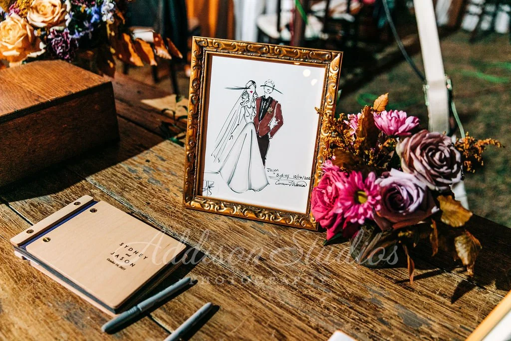 Ink and marker fashion illustration of a wedding couple by Carmen Mosnia Hodge. Photo by Addison Studio 