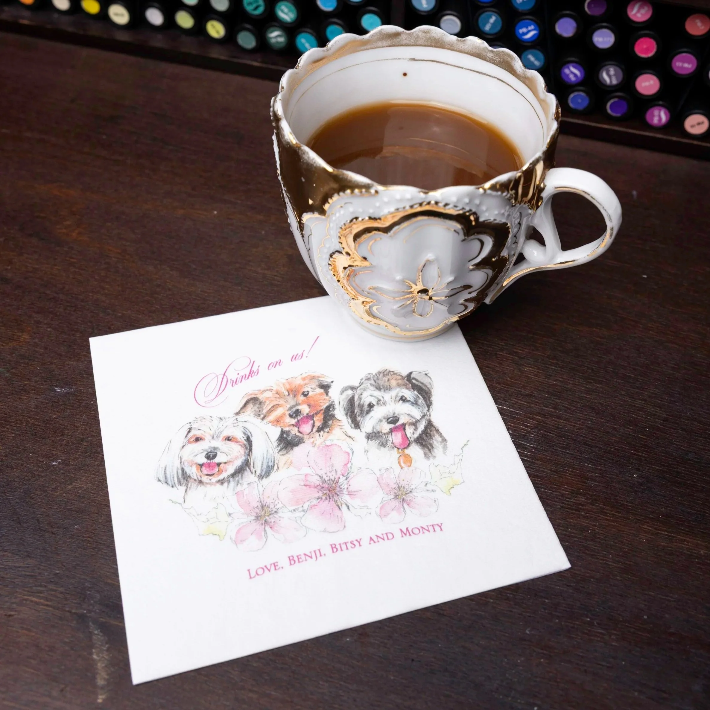Pet Pawtraits of a trio of dogs printed on cocktail napkins, illustrated by Stephanie J. Schiller of Austin, Tx.