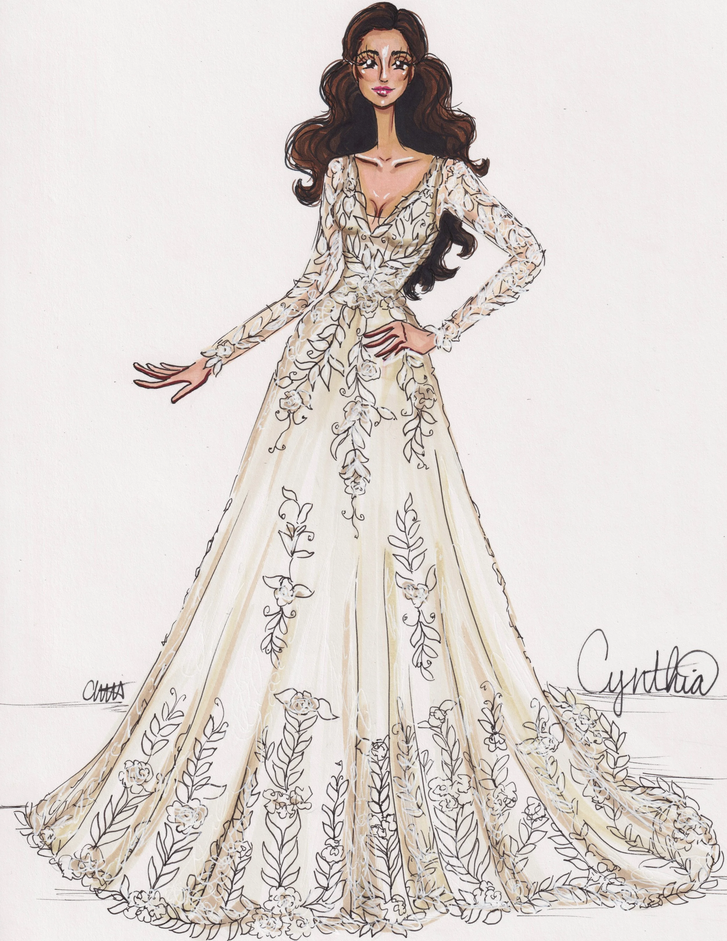 Fashion illustration of a bride in a white, lace wedding dress by Carmen Mosnia Hodge.