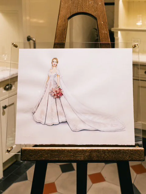 vogue-vignette-bespoke-bridal-portrait-illustration-watercolor-bride-ballgown-bouquet-easel-wedding-keepsake
