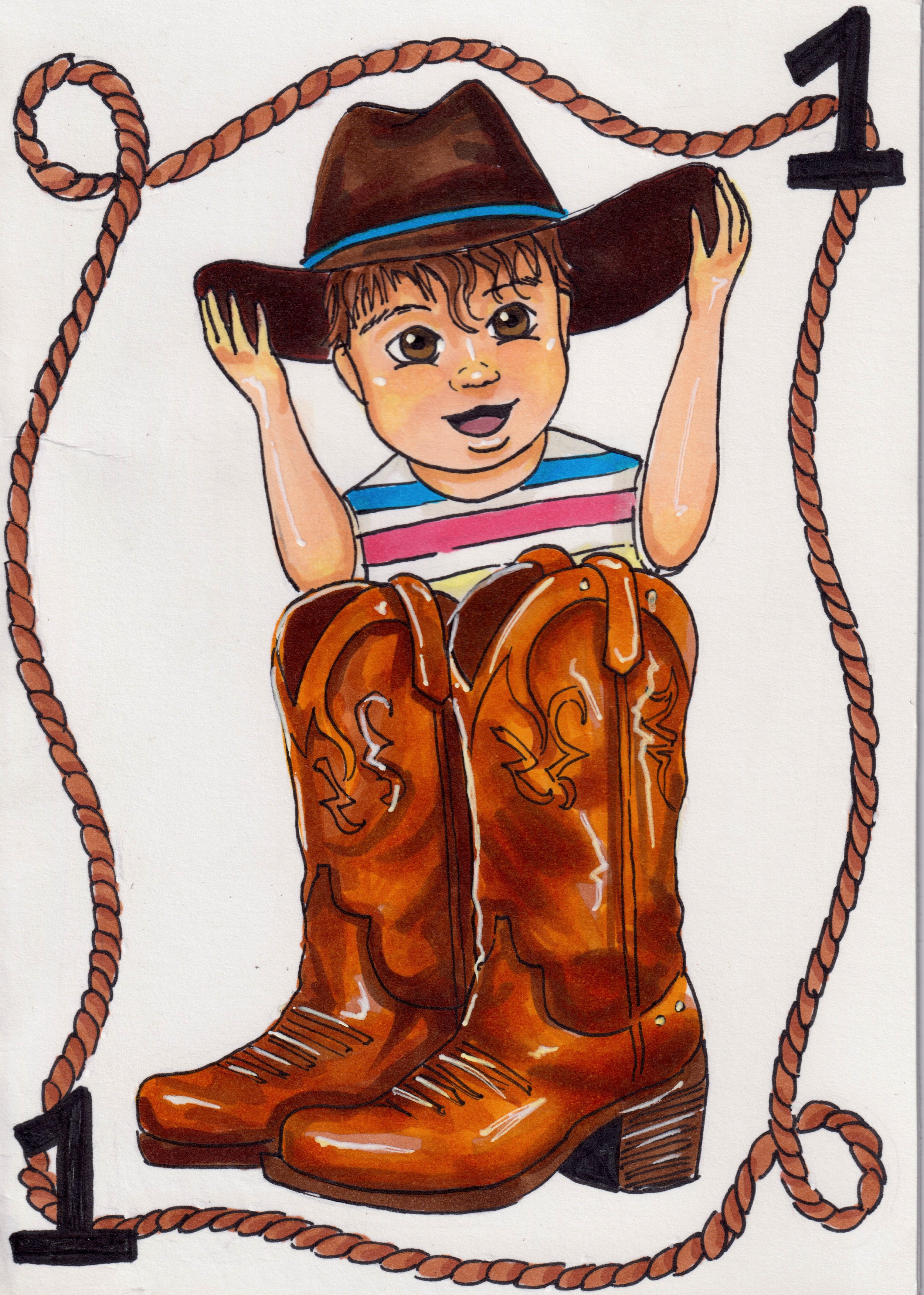 Marker and ink illustration of a baby in a cowboy hat and boots by Carmen Mosnia Hodge.