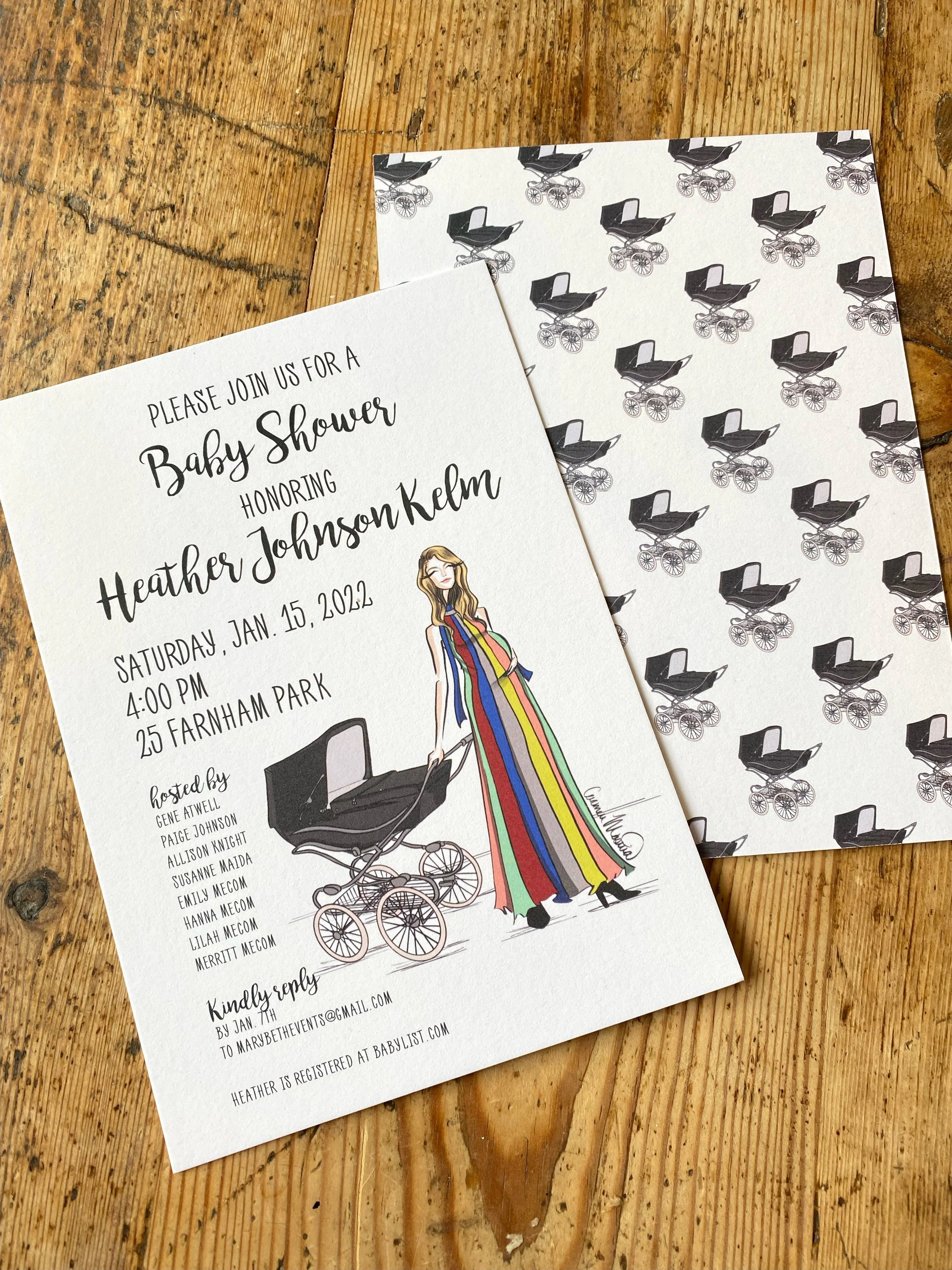 Fashion baby bump and buggie stroller illustration baby shower invitation by Vogue Vignette artist Carmen Mosnia Hodge.