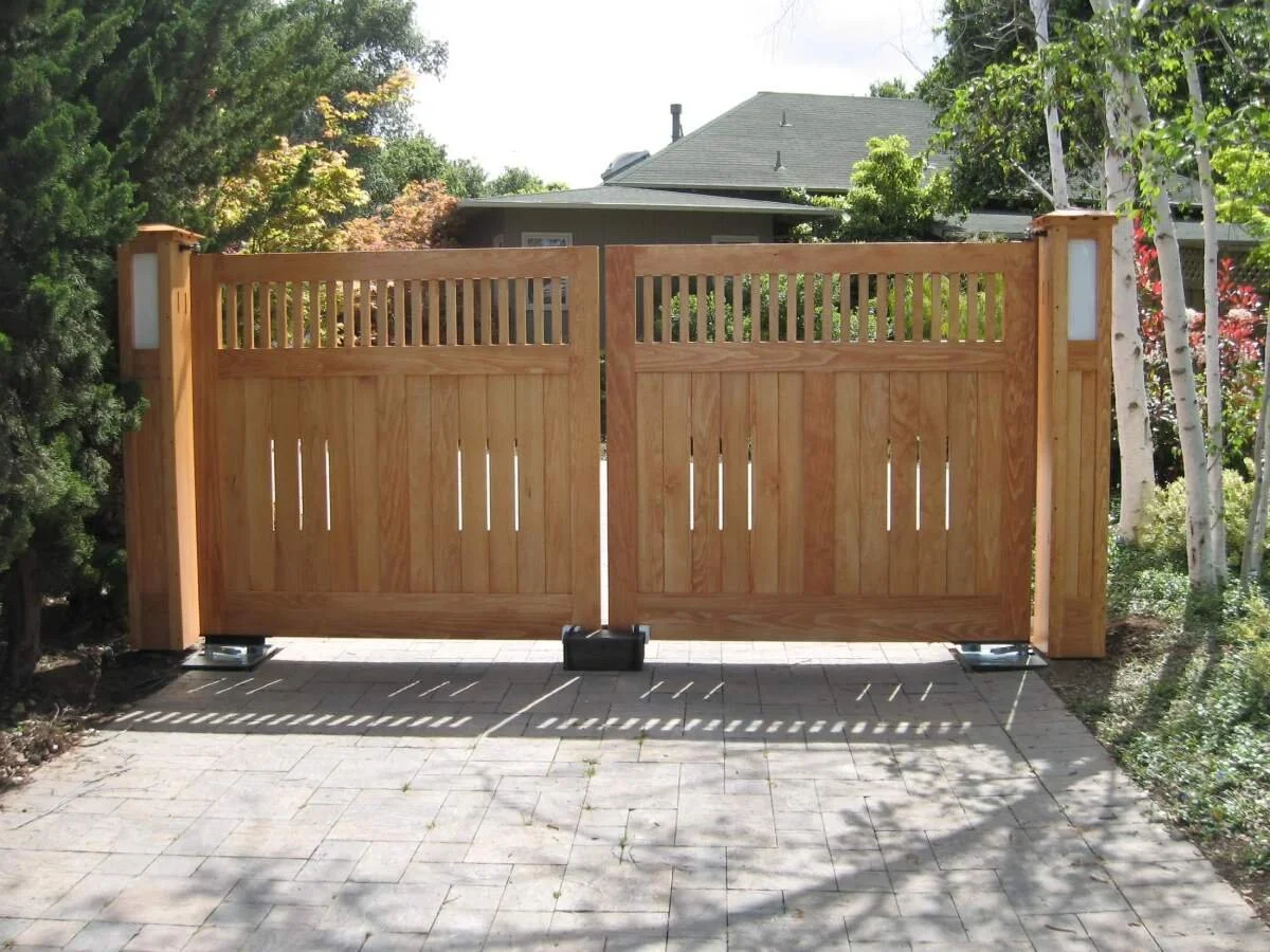 Modern automatic gate with light wood in residential Bay Area.