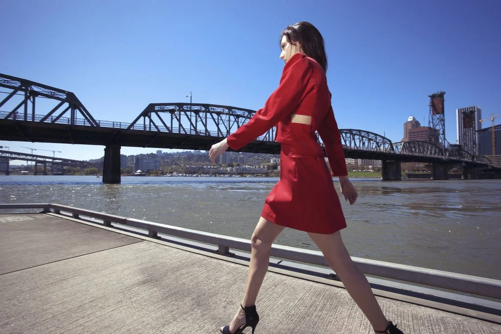 red cropped corduroy jacket and mini skirt