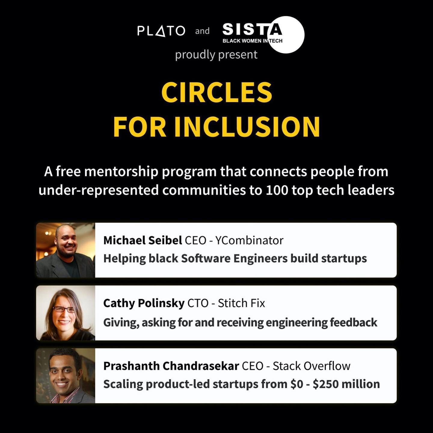 We at Sista Circle:BWiT are firm supporters of mentorship. Announcing our newest partnership with Plato! Plato is one of the largest mentorship platform for engineers, founders and product managers in the world allowing mentees to find senior leader 