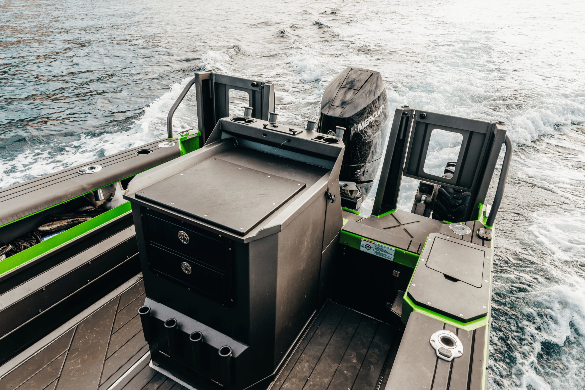 View of the stern of the boat, showcasing the StabiX rear cages and bait board which houses the Anura Wheel system.