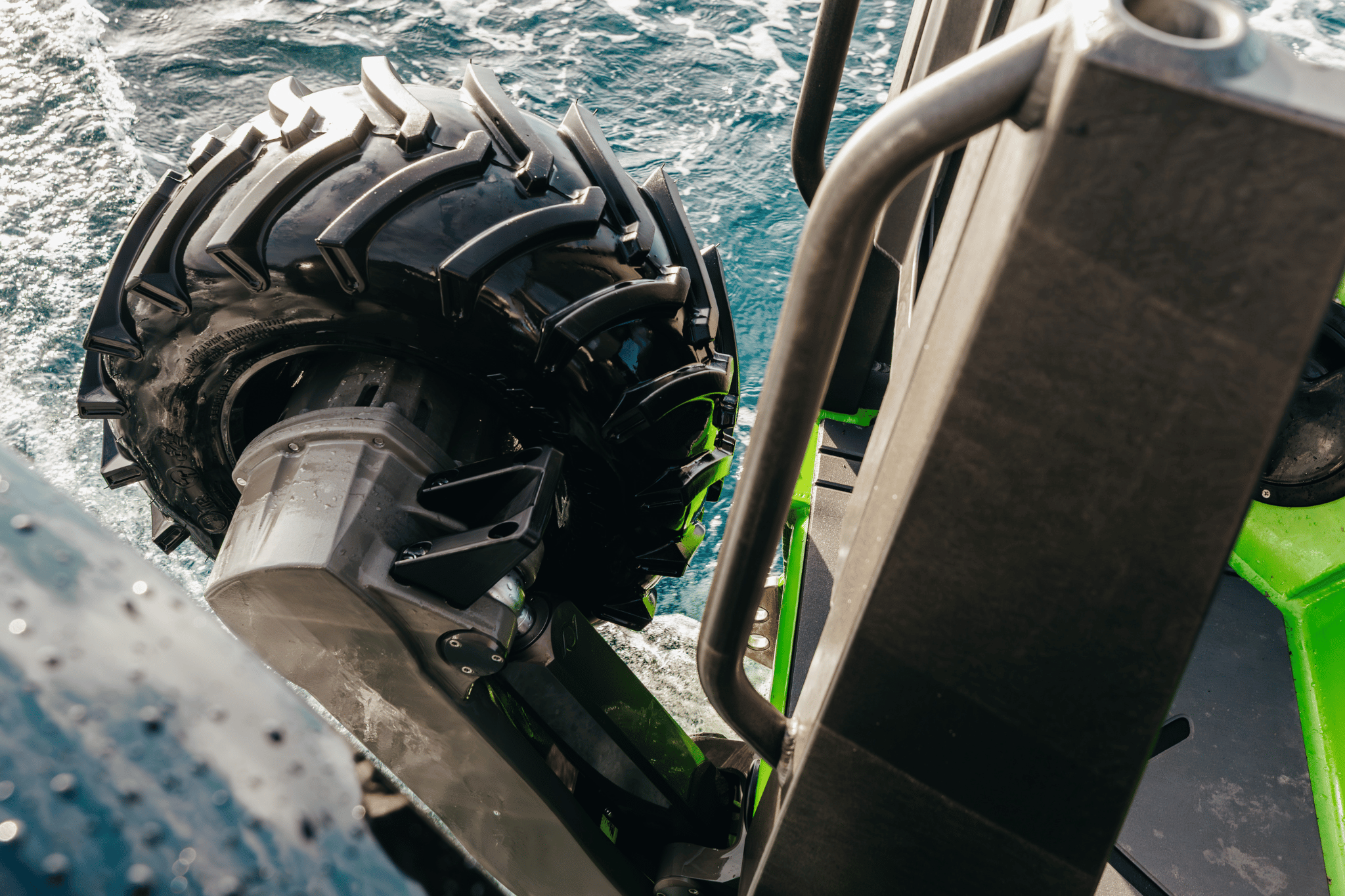 Close-up of amphibious wheel system.
