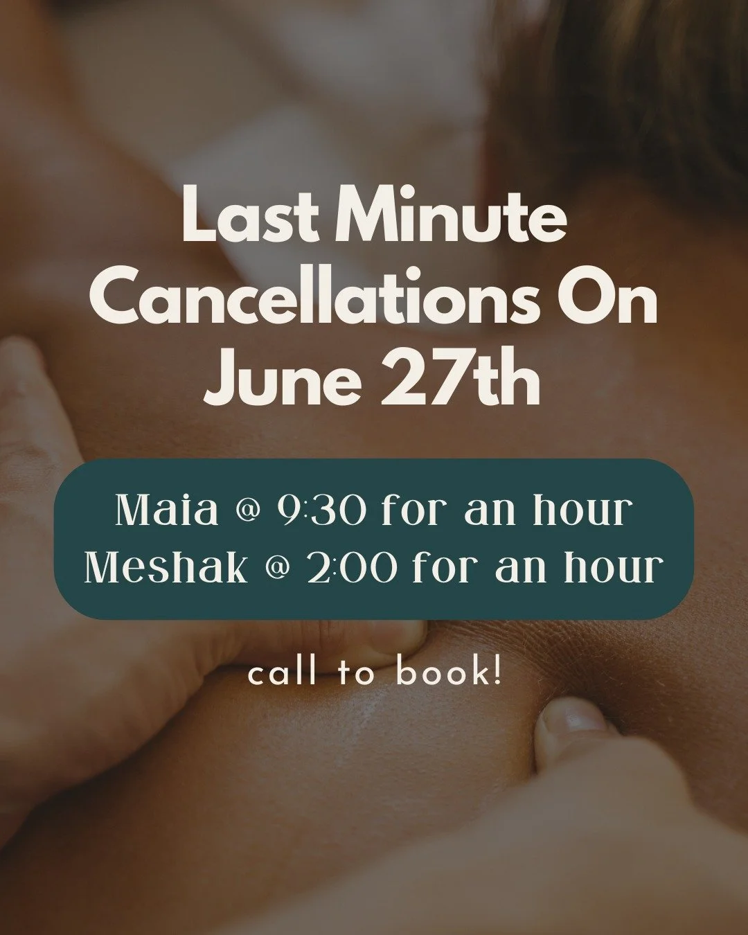 Looking for a last minute massage?  Now is your chance! ✨

Maia will only be accepting regular patients for this opening, but Meshak is available for new patients! 

Give the clinic a call if you are interested in any of these openings! 🫶
