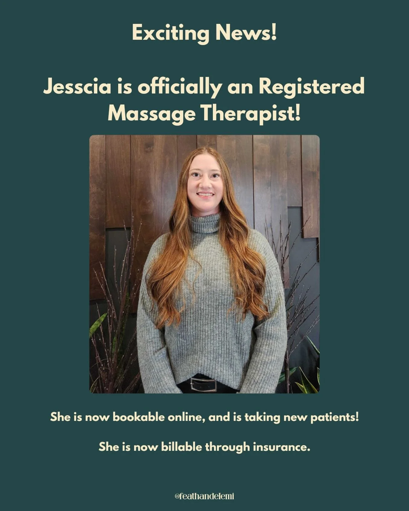 Jessica is officially an RMT!

She now offers therapeutic massage, and appointments are bookable online! 

She is also billable through insurance! 

For any further question please don&rsquo;t hesitate to call, email or text us at 403.526.2639 or at 