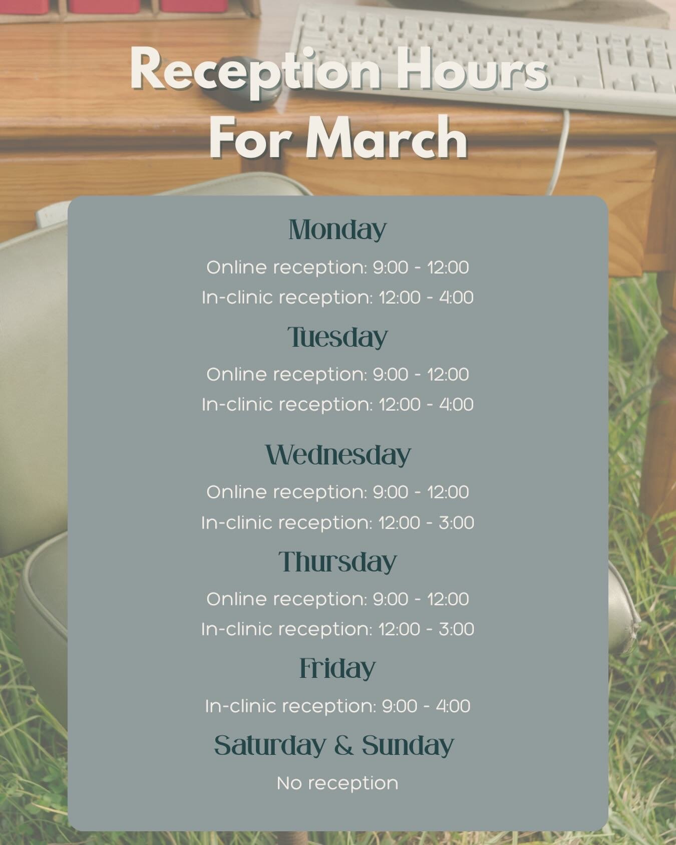 March reception update 🌿

Our amazing reception team is here to assist with bookings, questions, and more throughout the month. 🤍

Ashton&rsquo;s mornings and Fridays, Emersen&rsquo;s afternoons - we&rsquo;ve got you covered.

If you can&rsquo;t fi