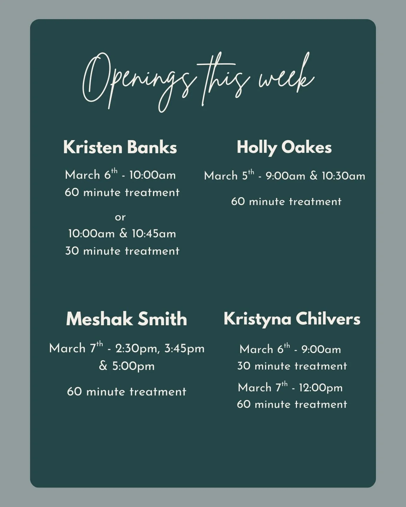 We still have a few openings available this week.

 Book online or contact the clinic to secure your next appointment ✨