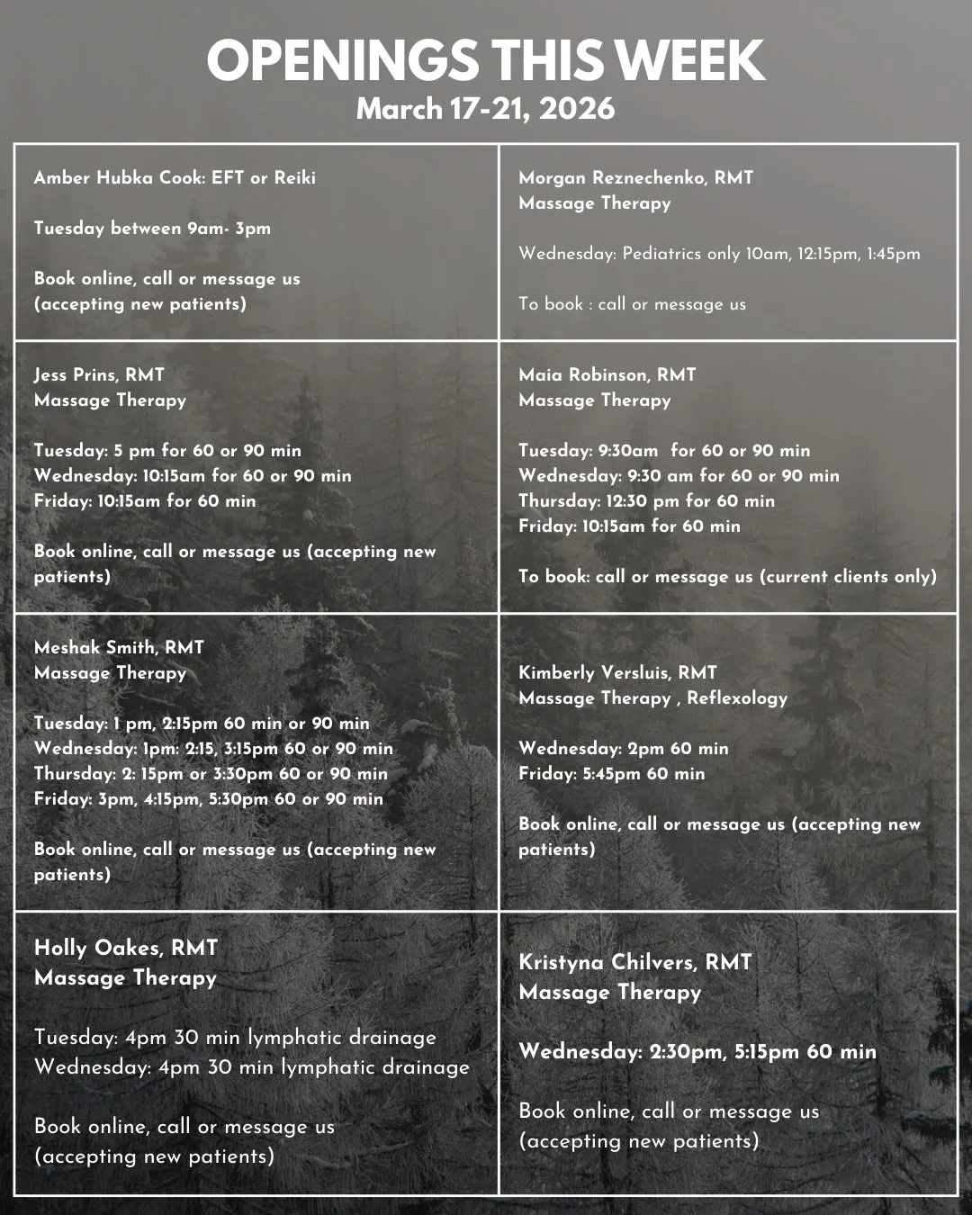 ✨This week&rsquo;s AVAILABILITY ✨

We have spots available for treatment this week. If you&rsquo;re needing a hand to figure out the best fit for your needs give us a call and we&rsquo;d be happy to assist you 😊

#massagetherapy #medicinehatmassage 