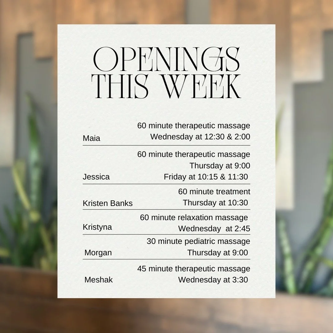 We&rsquo;ve still got a few openings this week&mdash;perfect for those last-minute aches and pains.

Call, text, email, or book online to secure your spot 🤍