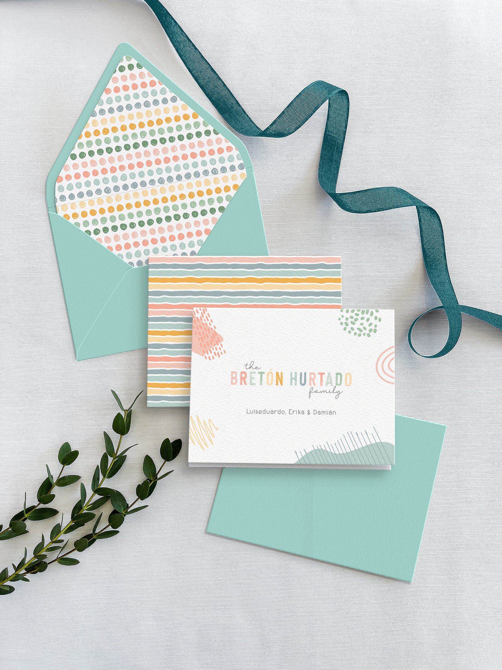 Pastel Doodles personalized folded notecards set with coordinating envelopes and printed envelope liners.