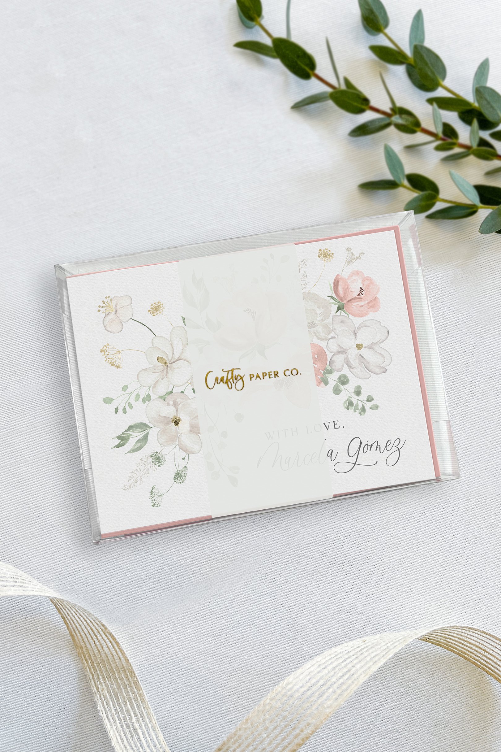 Blush floral flat notecards gift-ready packaging.