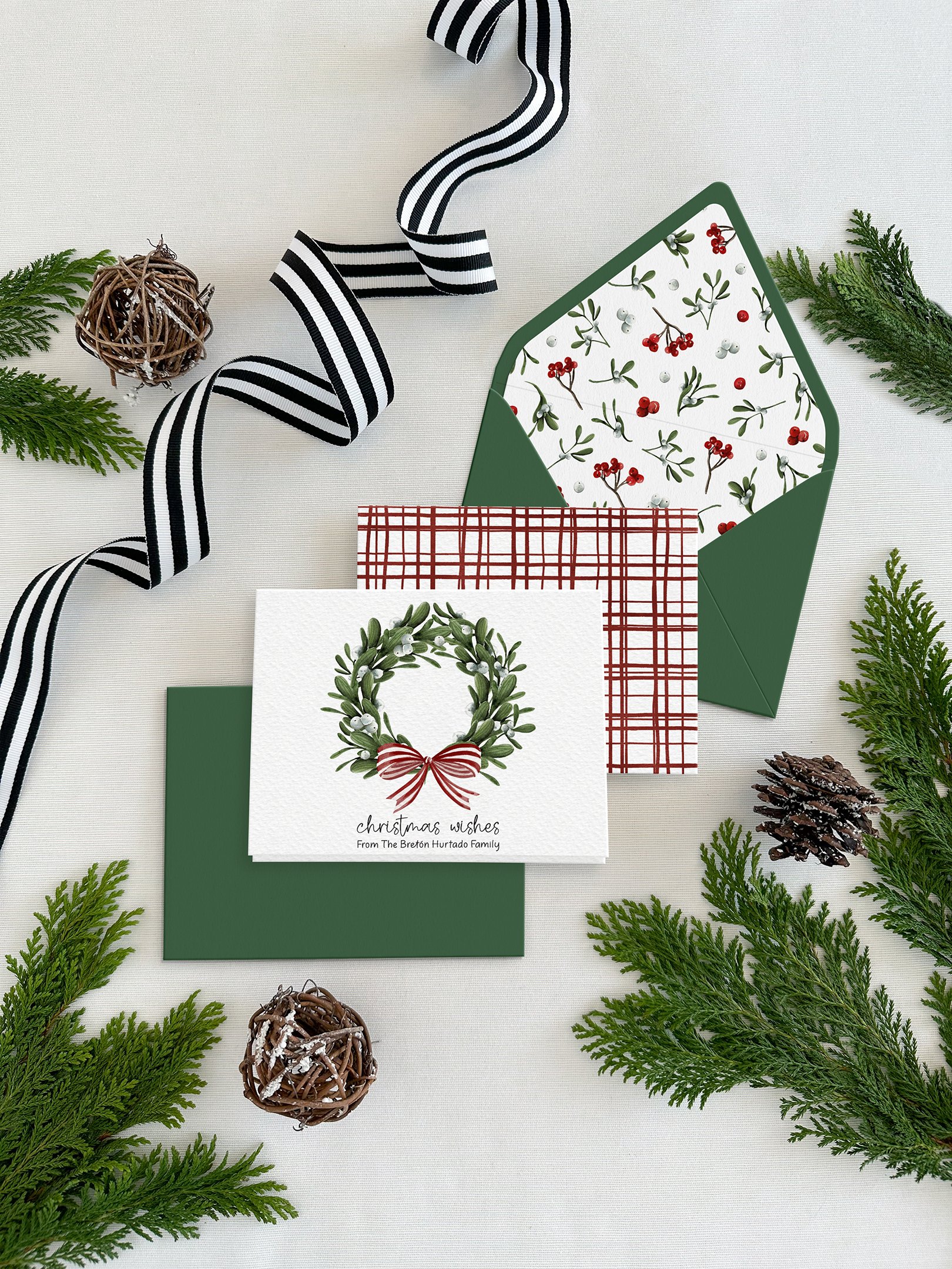 Red Mistle folded notecards set with coordinating envelopes and printed envelope liners.