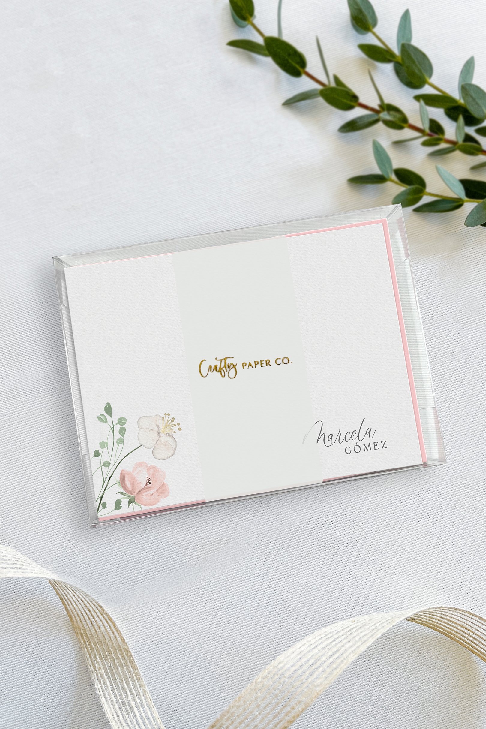 Blush floral flat notecards gift-ready packaging.