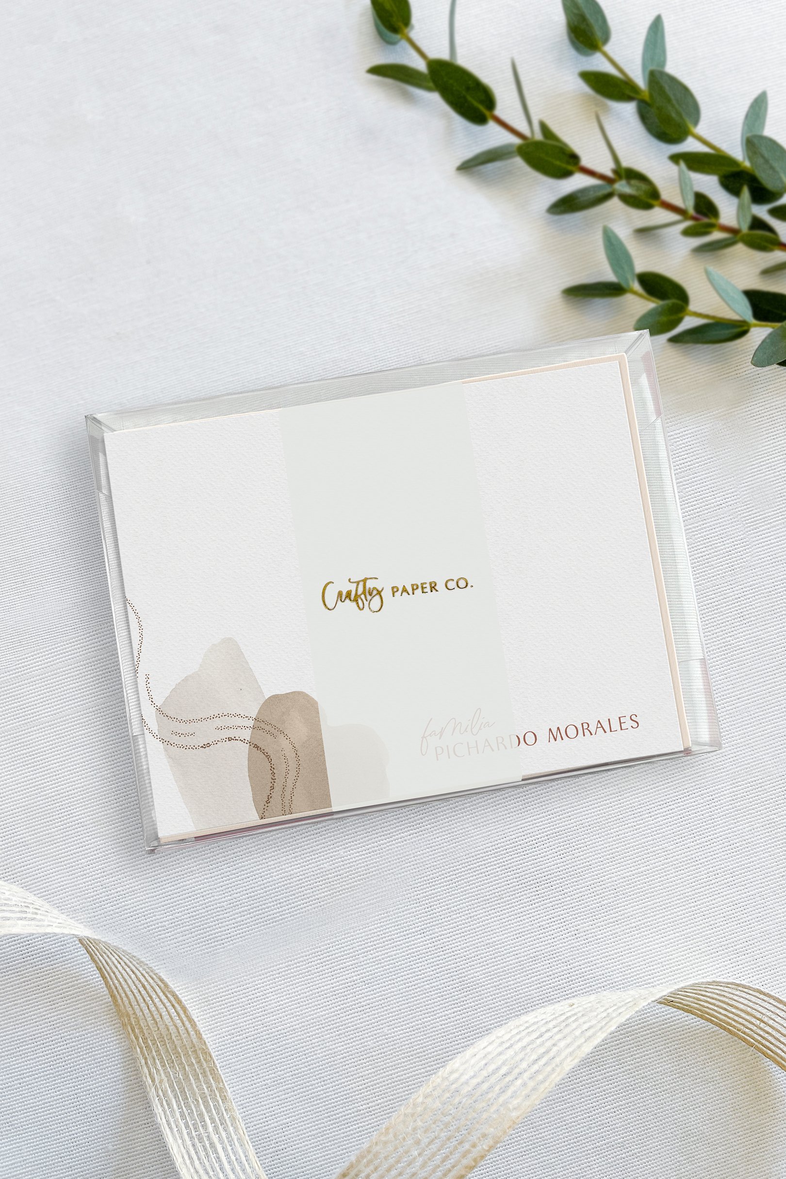 Abstract Terracotta flat notecards gift-ready packaging.