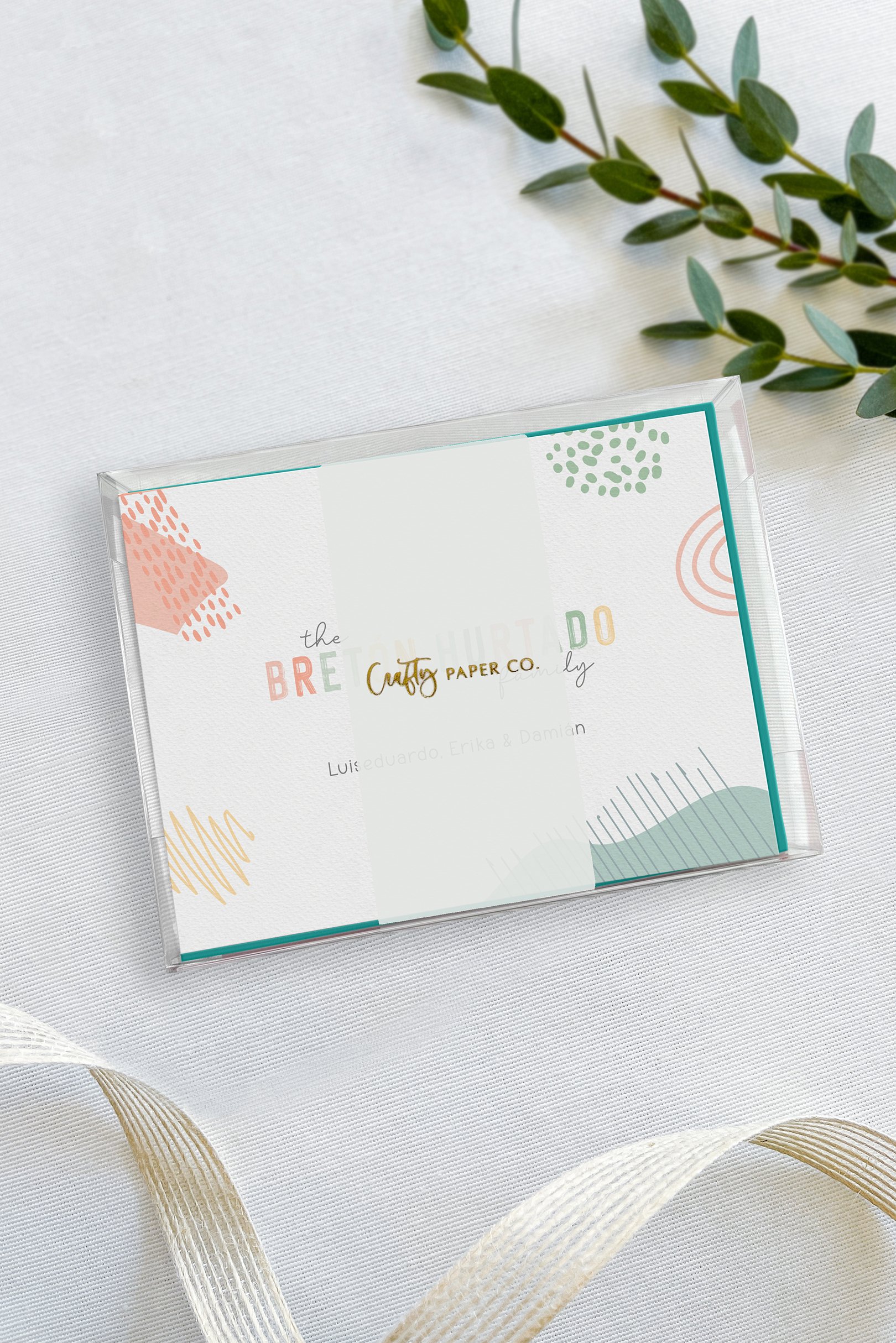 Pastel doodles flat notecards gift-ready packaging.