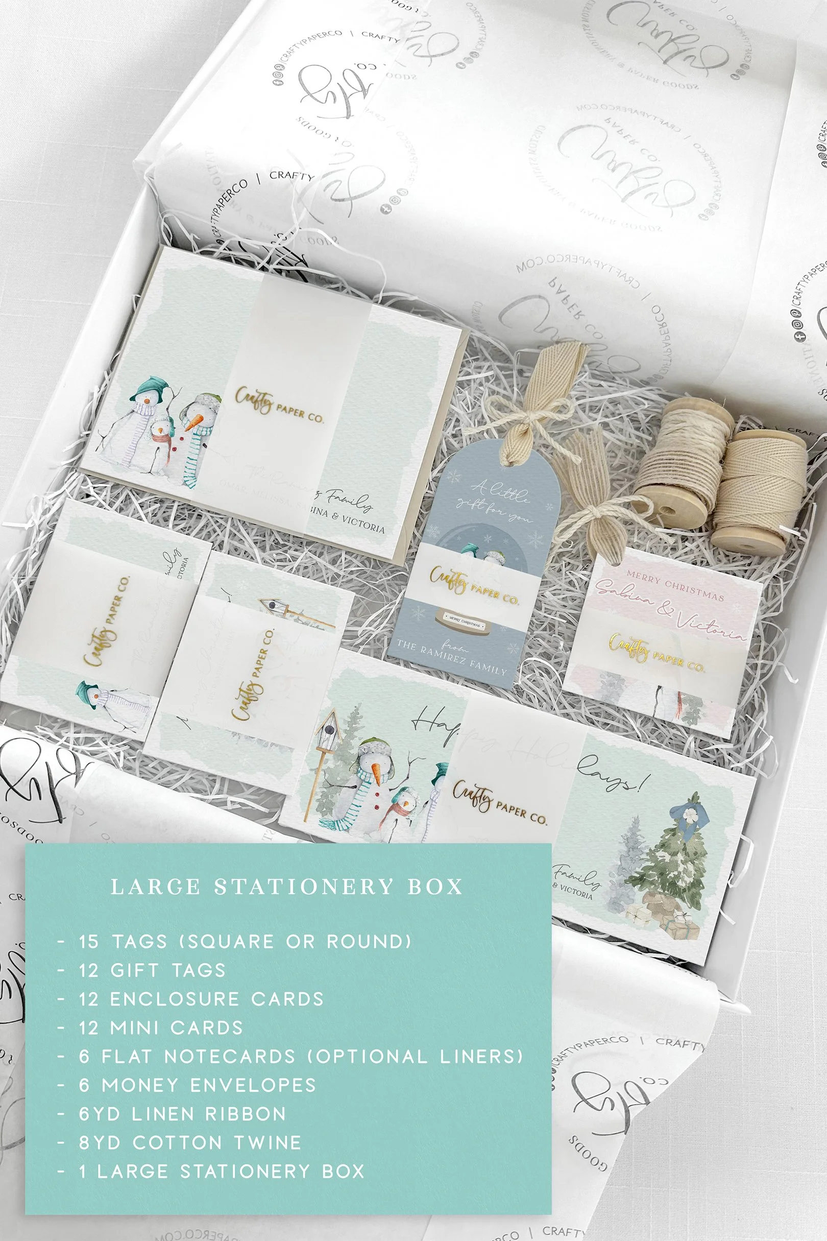 Watercolor Snowmen large personal stationery box.