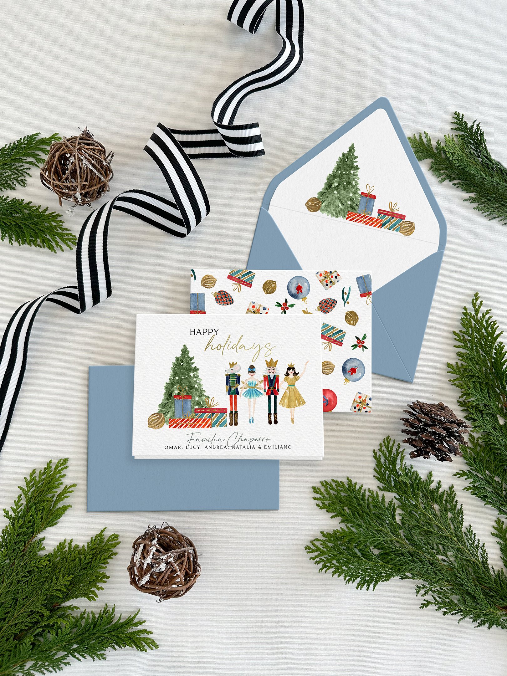 Nutcracker Christmas folded notecards set with coordinating envelopes and printed envelope liners.