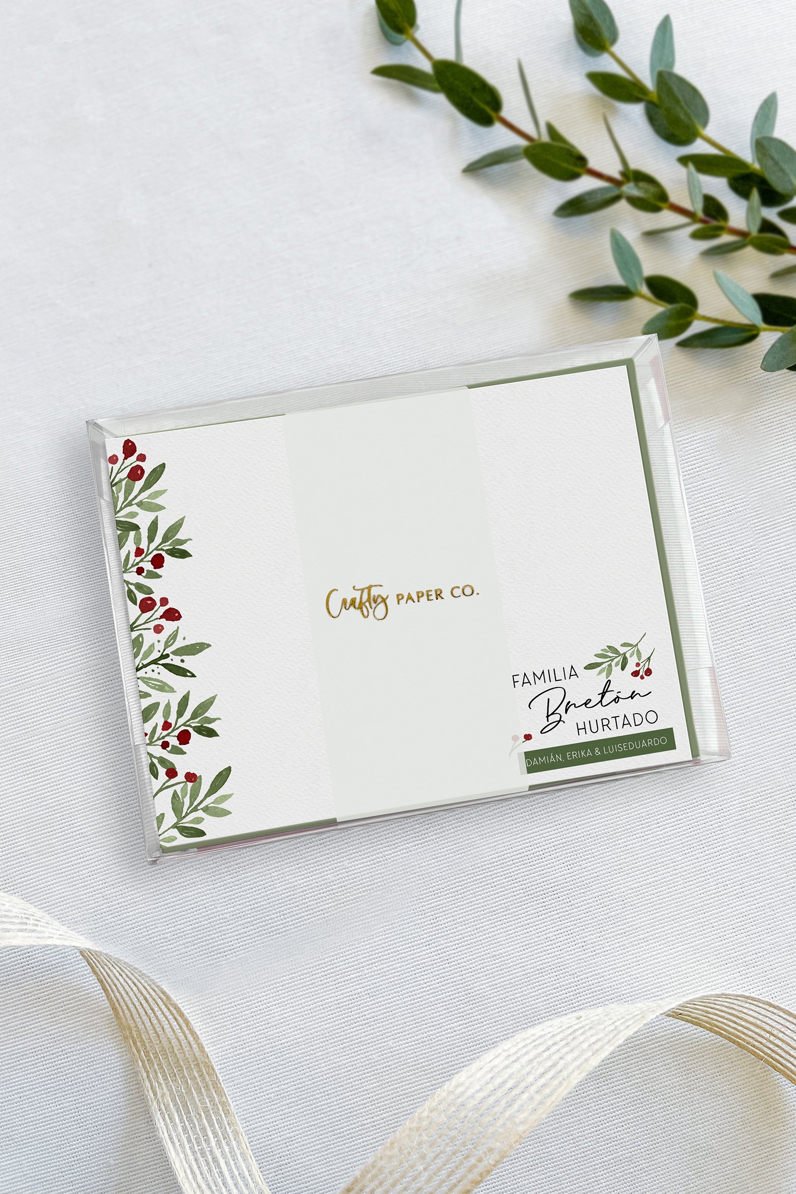 Green Mistletoe Christmas flat notecards gift-ready packaging.
