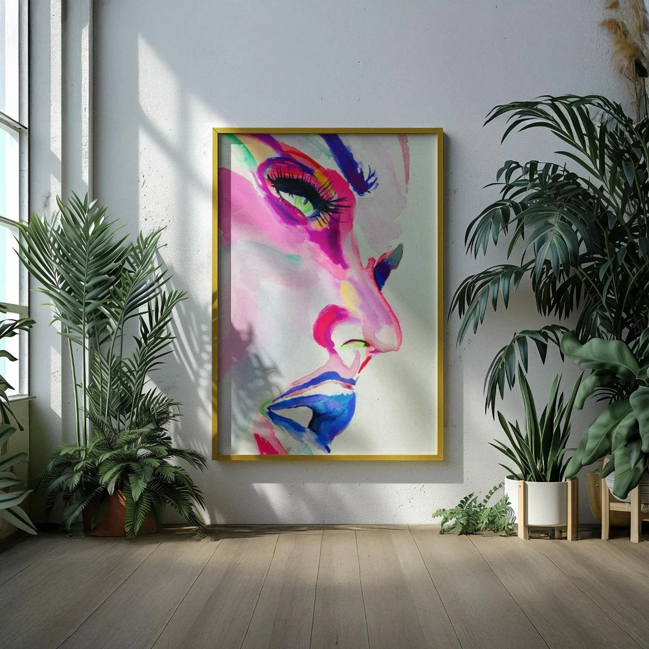 Copacabana artwork framed in gold and placed in a lush, plant-filled room with textured walls and soft natural light for a boho-chic vibe.