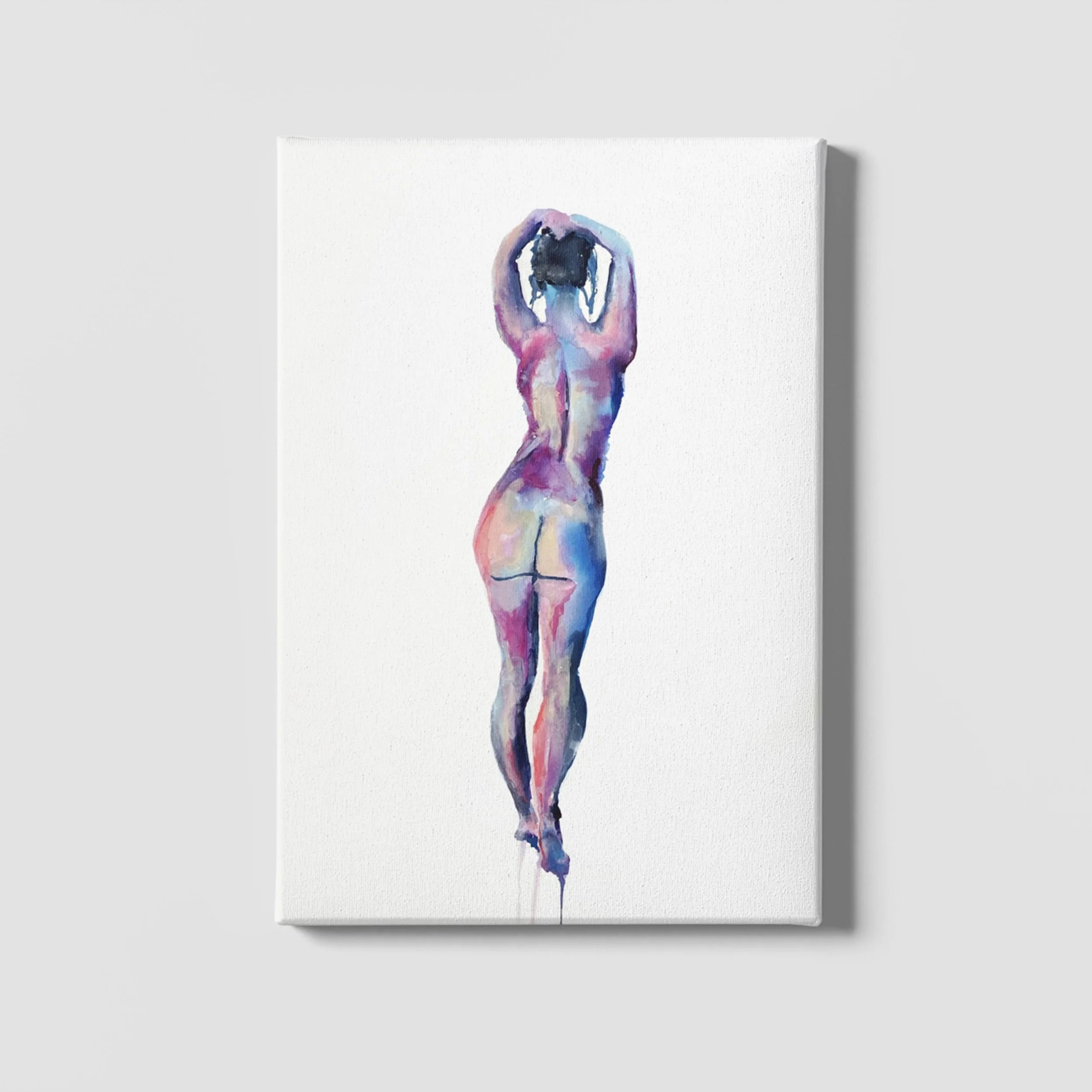 Radiant Elegance, a watercolor nude figure painting by Nick Horvath, featuring a standing woman in pink, blue, and purple tones with arms raised on a white background.