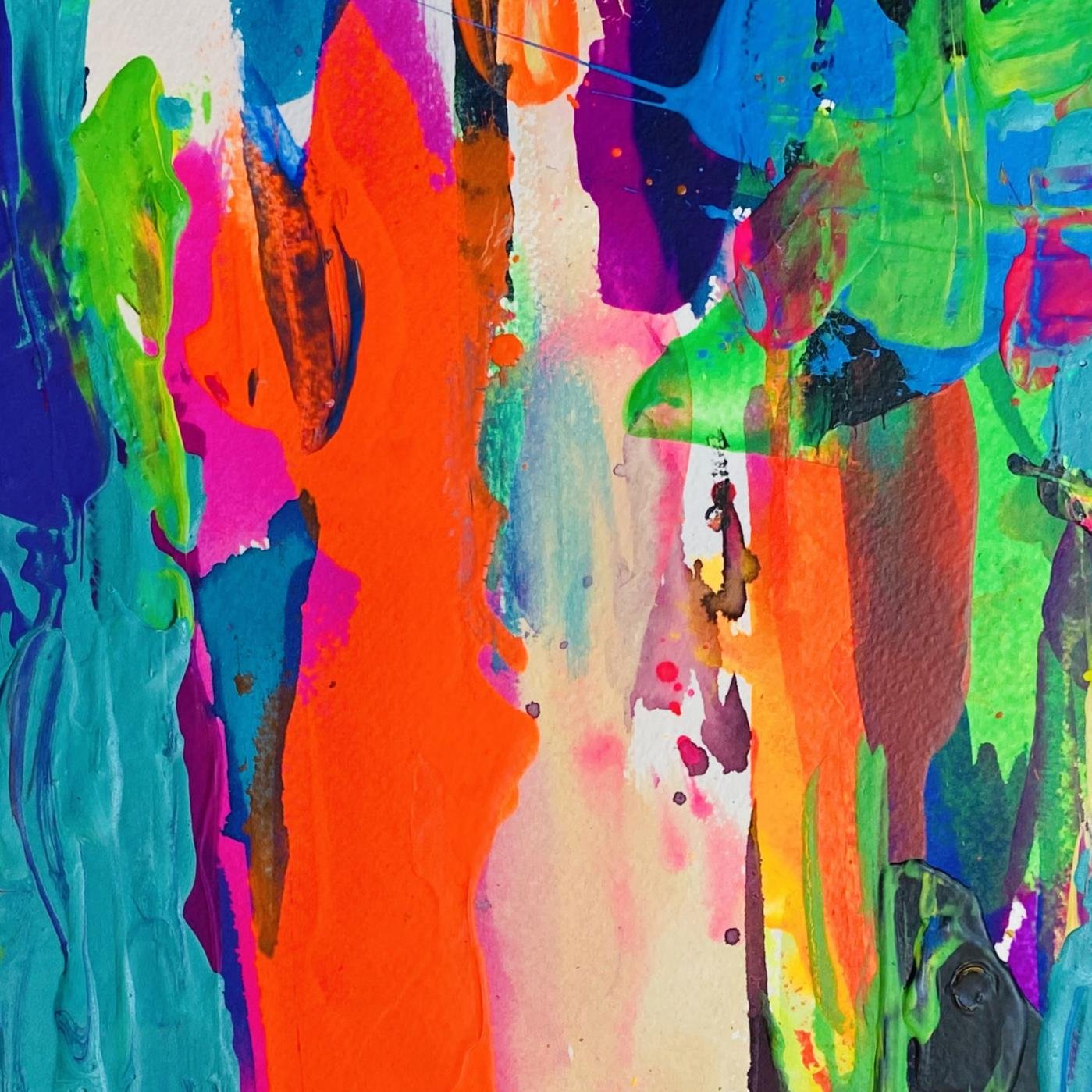 Zoomed-in view of Clash reveals layered textures of lime green, fiery orange, and magenta with expressive drips and bold blending.