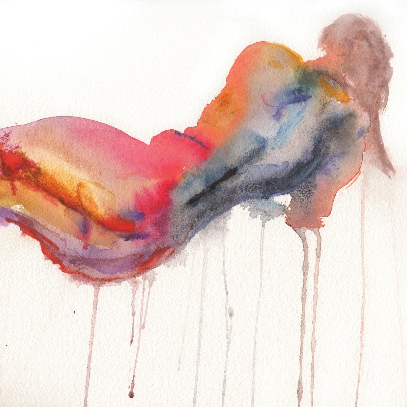 Close-up of a reclining female form in watercolor, blending vivid red, orange, and blue hues with expressive, dripping brushwork.