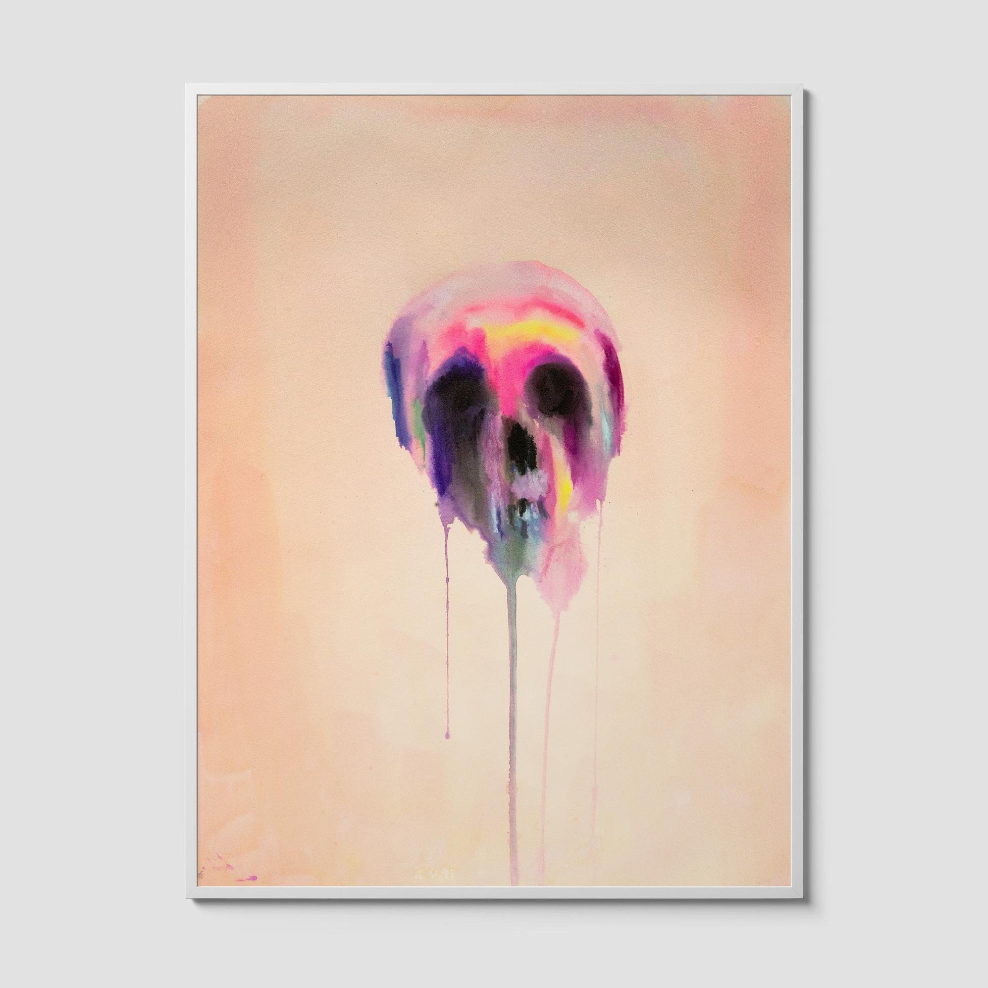 Sad Skull watercolor painting of a skull with pink, purple, and yellow tones dripping on a soft beige background