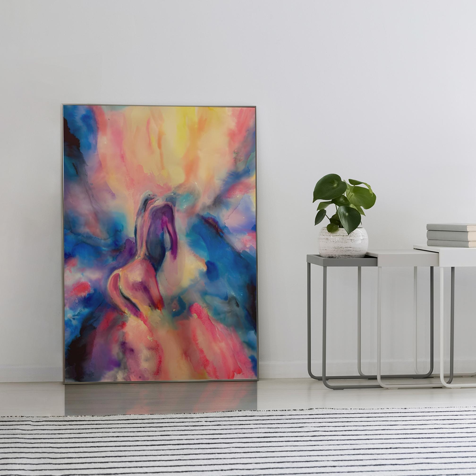 Framed watercolor of a glowing nude set in a cozy living room with warm chairs and filtered sunlight.