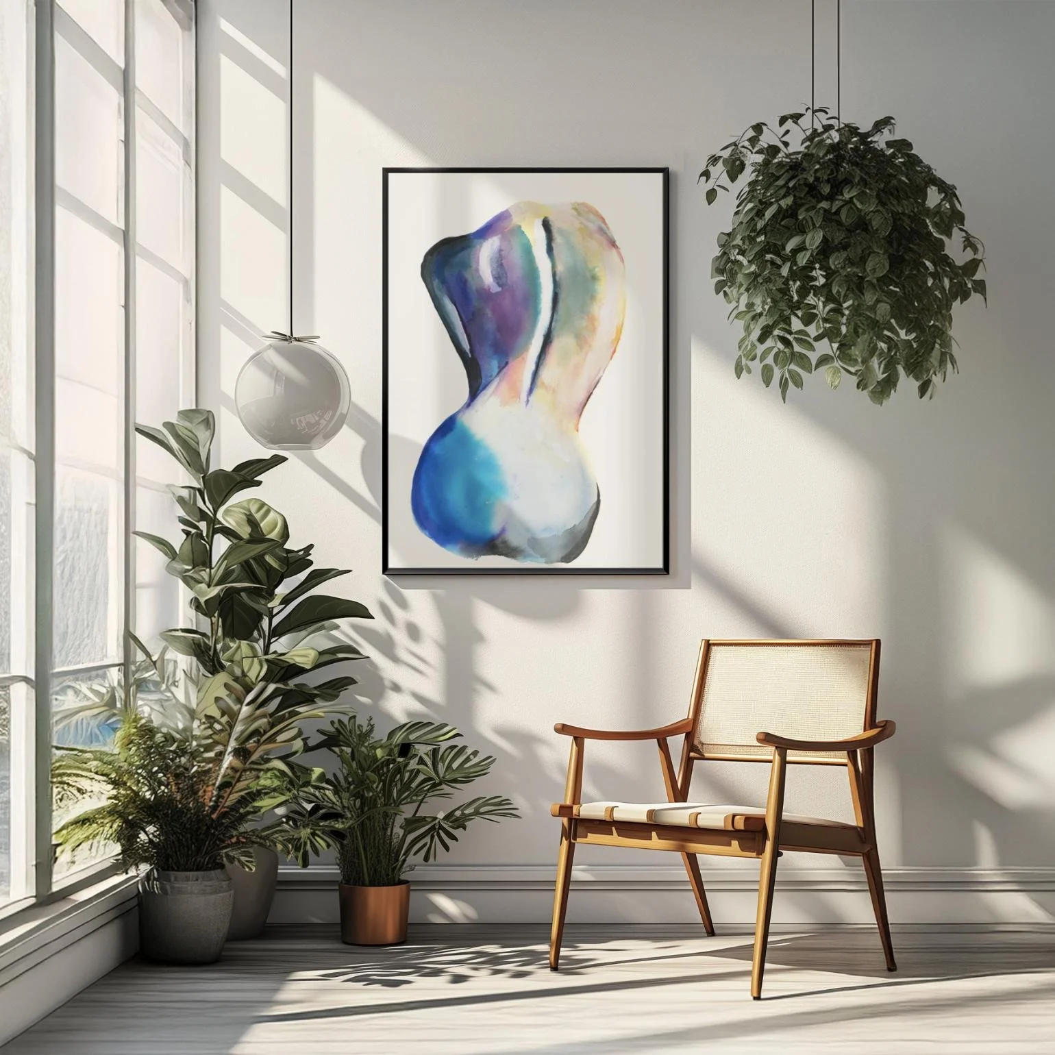 “Baby Back” in a cozy, minimalist corner with mid-century modern furniture, surrounded by plants and soft shadows.