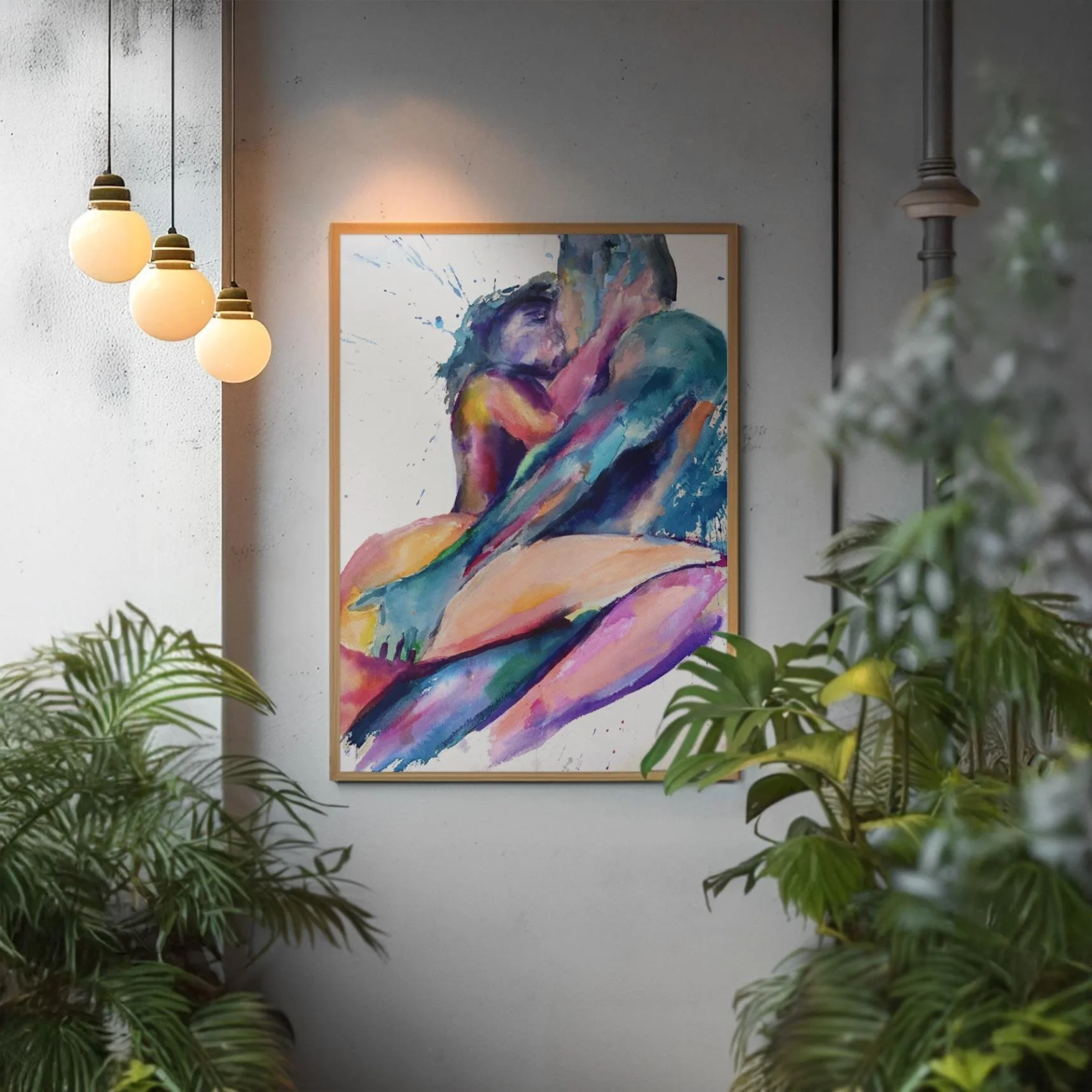 Romantic watercolor painting shown in a modern space with pendant lighting and lush greenery.
