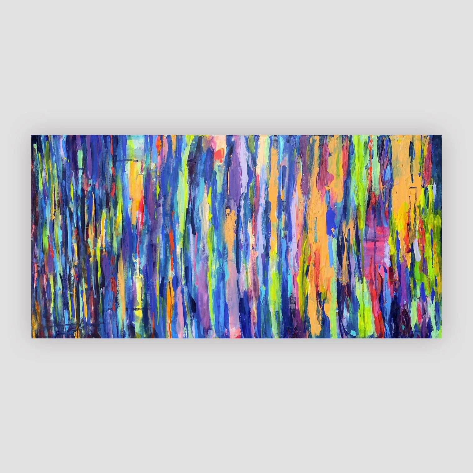 Shimmer, a colorful abstract stripe painting by Nick Horvath, featuring vertical bands of blue, green, gold, and purple in a layered, rhythmic composition.