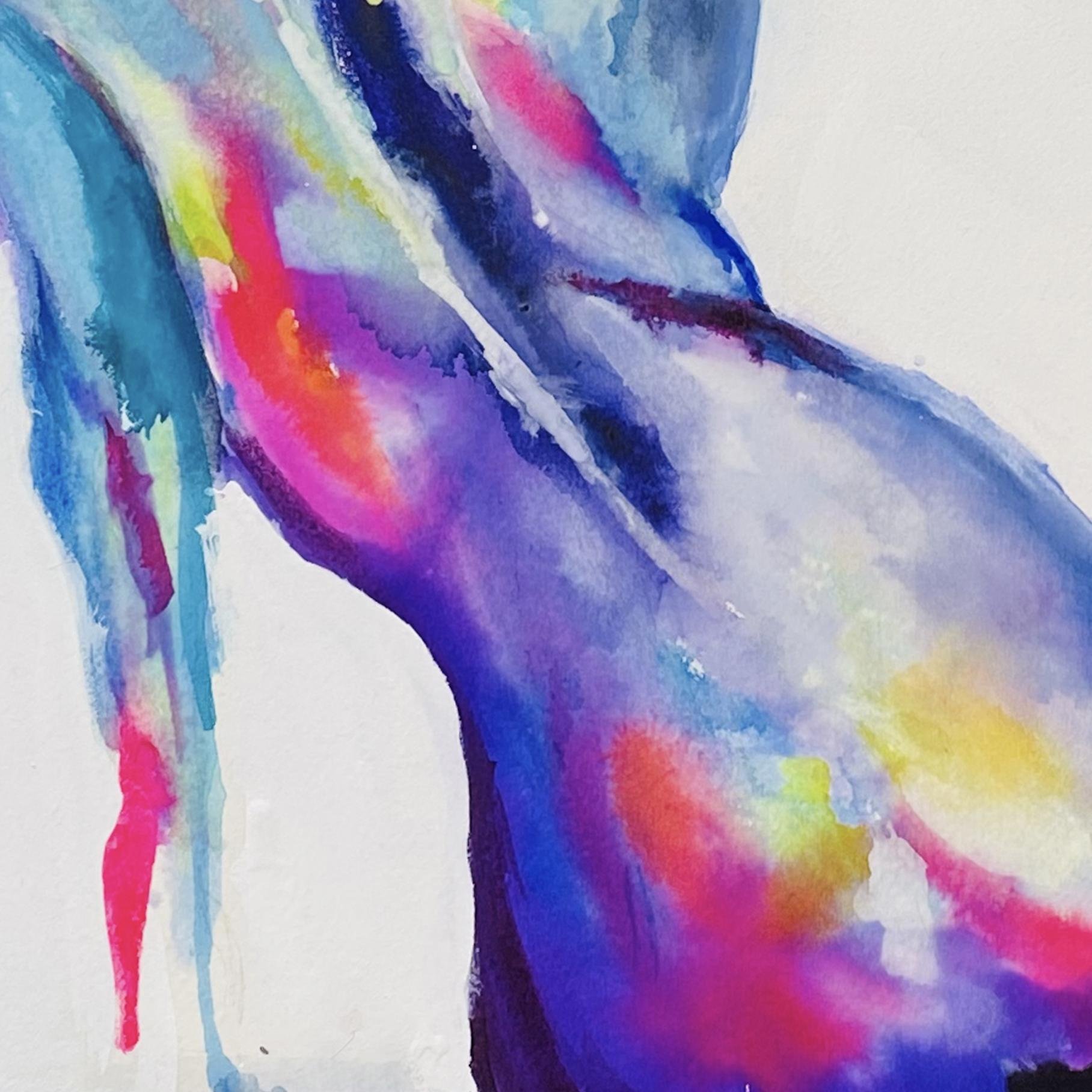 Detailed view of vibrant watercolor textures showing the figure’s curved back and hips in bold purples, reds, and electric blues.