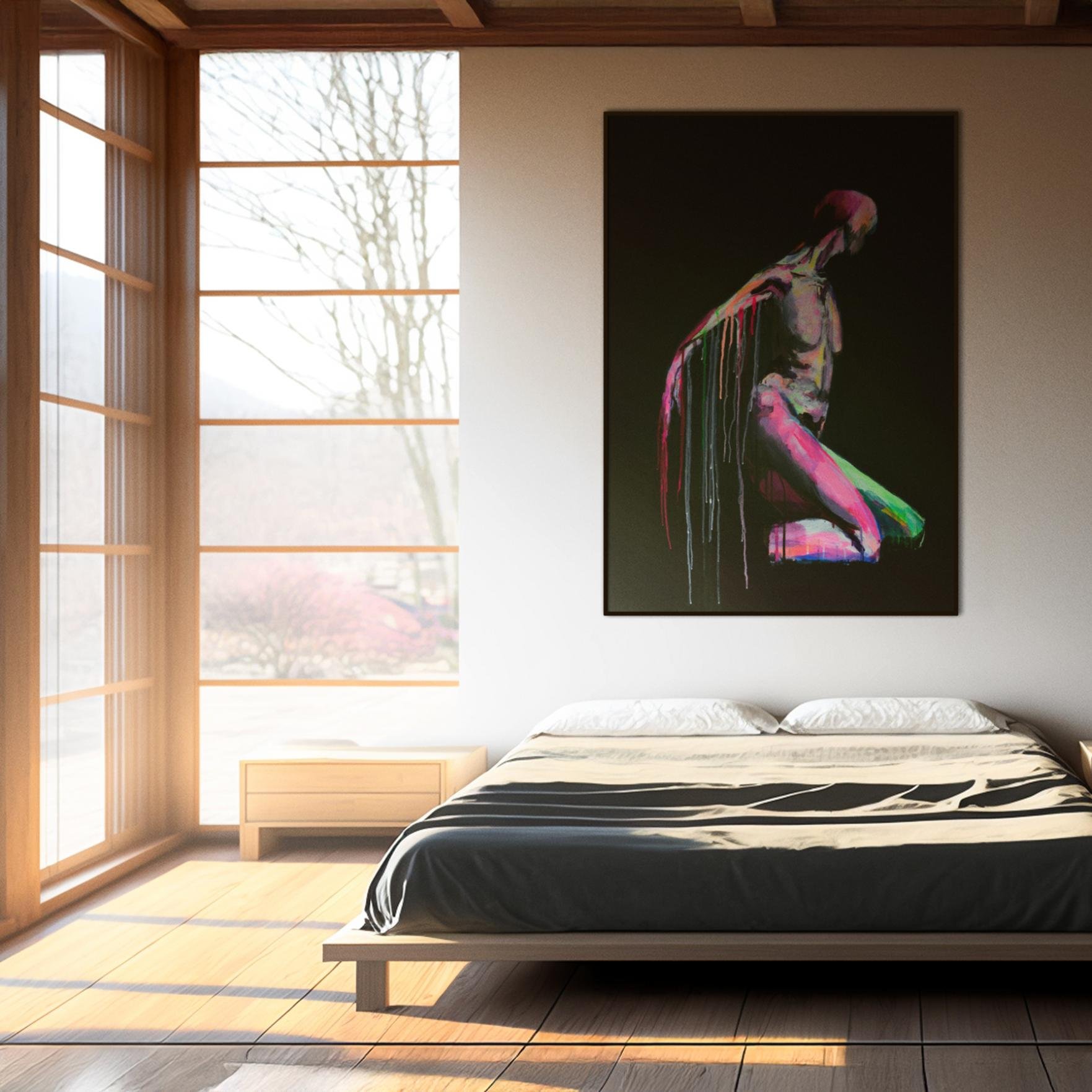 “Metamorphisis” hung above a bed in a modern bedroom, with natural sunlight casting through shoji-style windows, enhancing the contrast of the glowing figure.