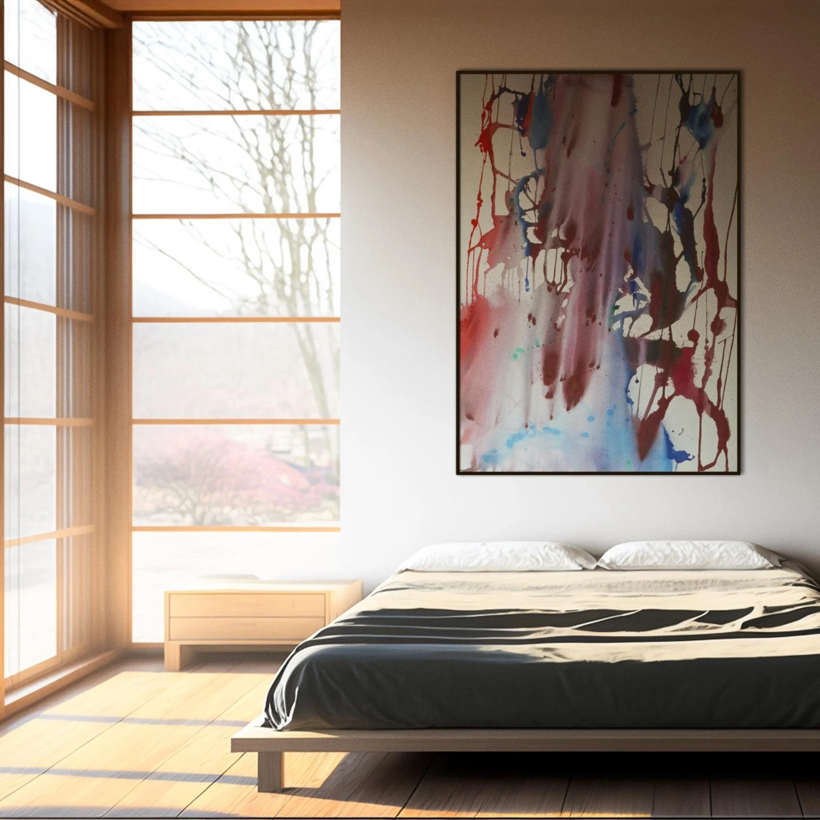 This bold abstract hangs above a minimalist bed, bringing passion and movement through streaks of red and blue to the peaceful space.