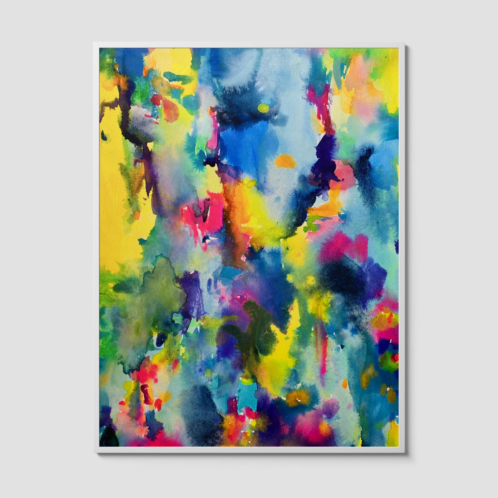 Colorful abstract art print with vibrant splashes of blue, yellow, pink, and green watercolor