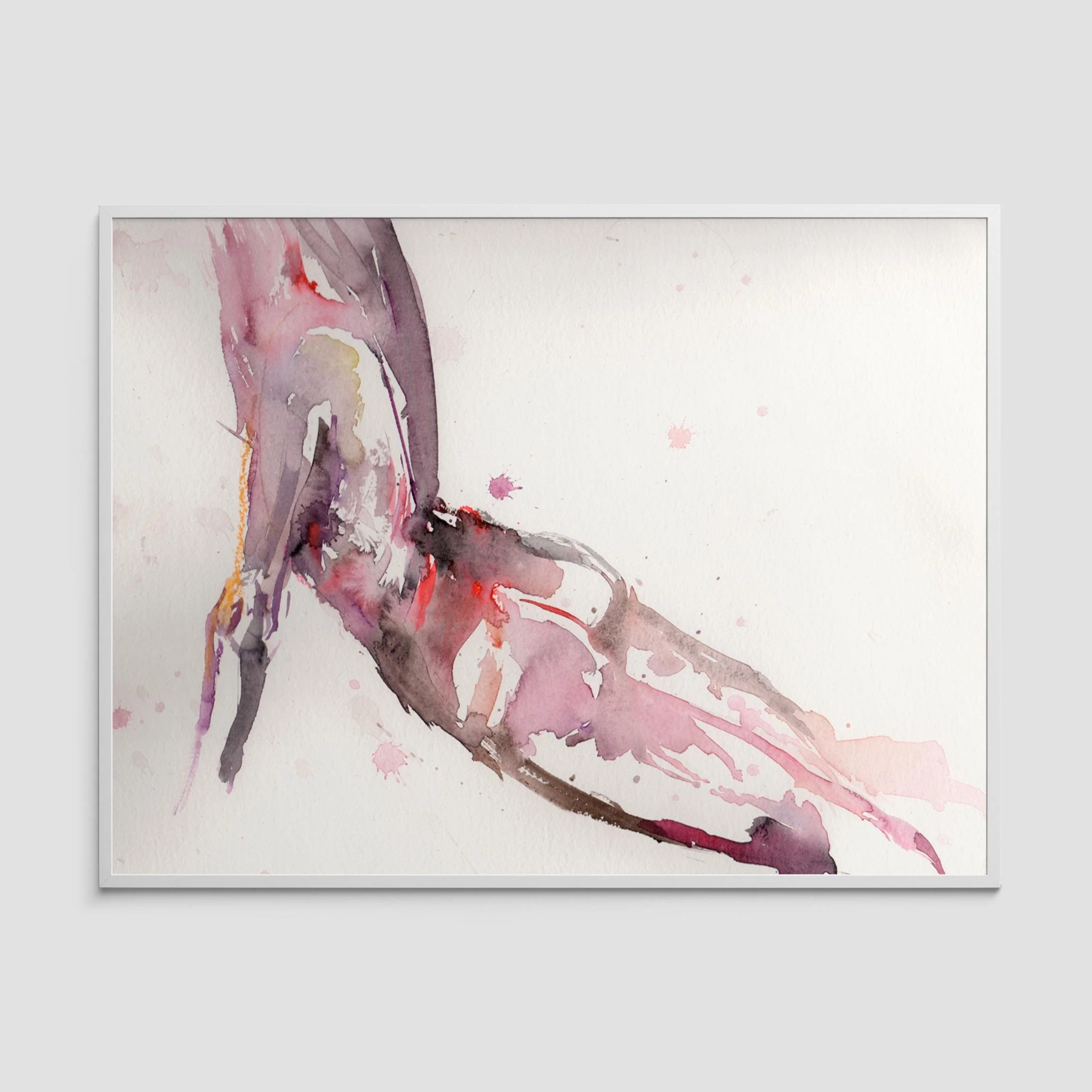 Framed watercolor nude artwork "Seria" featuring a faceless female figure in bold pink and blue tones on white background.