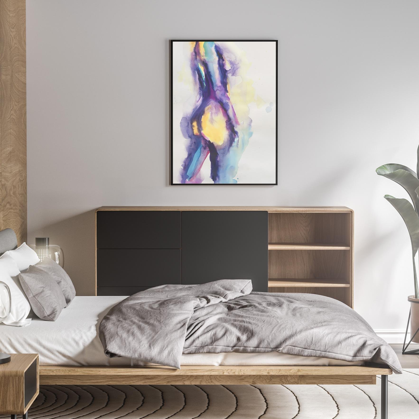 Watercolor nude displayed above a wood-accented bed in a minimalist bedroom, adding a touch of expressionism to the serene decor.
